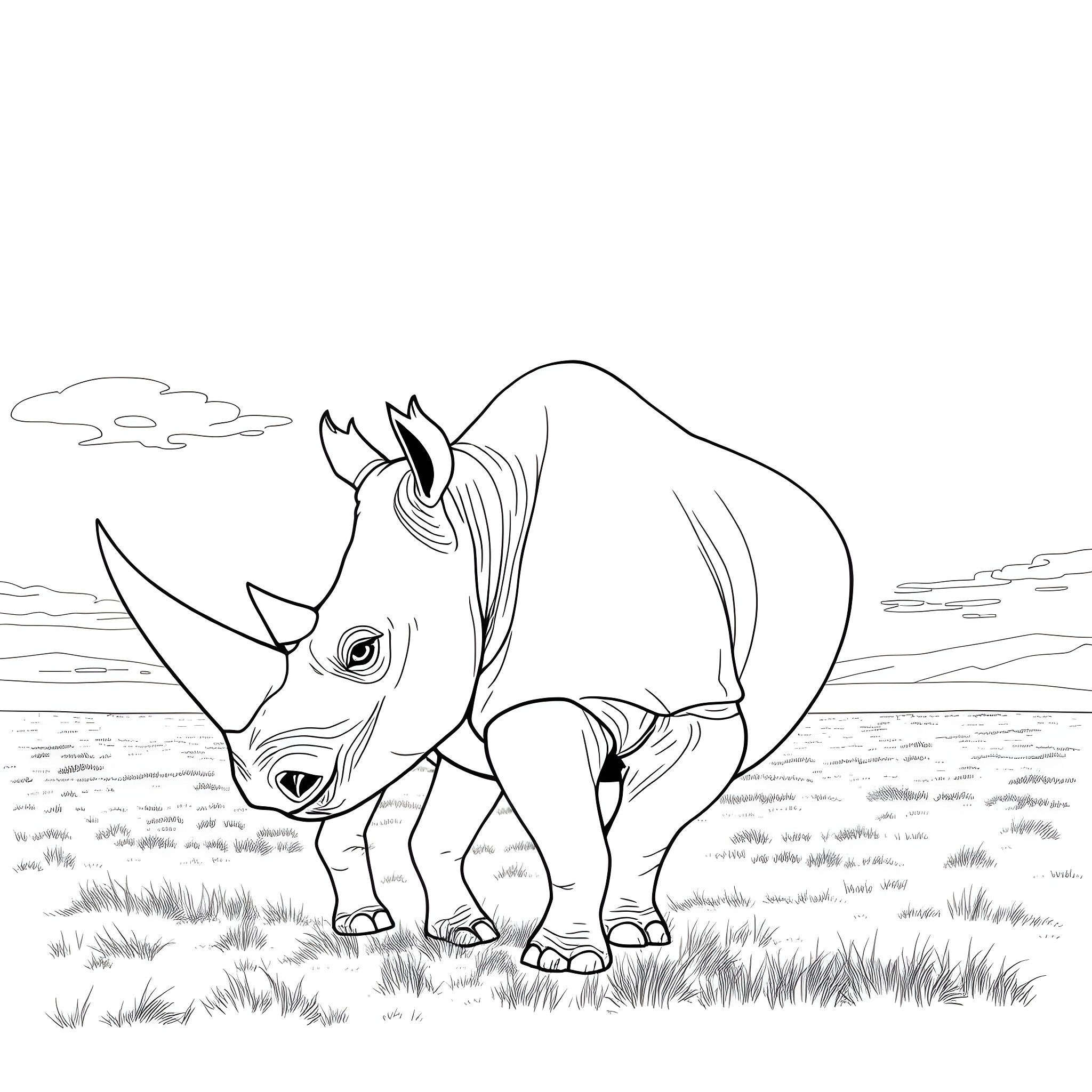 Rhinoceros standing in the grassy field Coloring Page (free black-and-white line drawing printable PDF for all, from beginners to advanced learners, including children, teens, adults, and seniors)