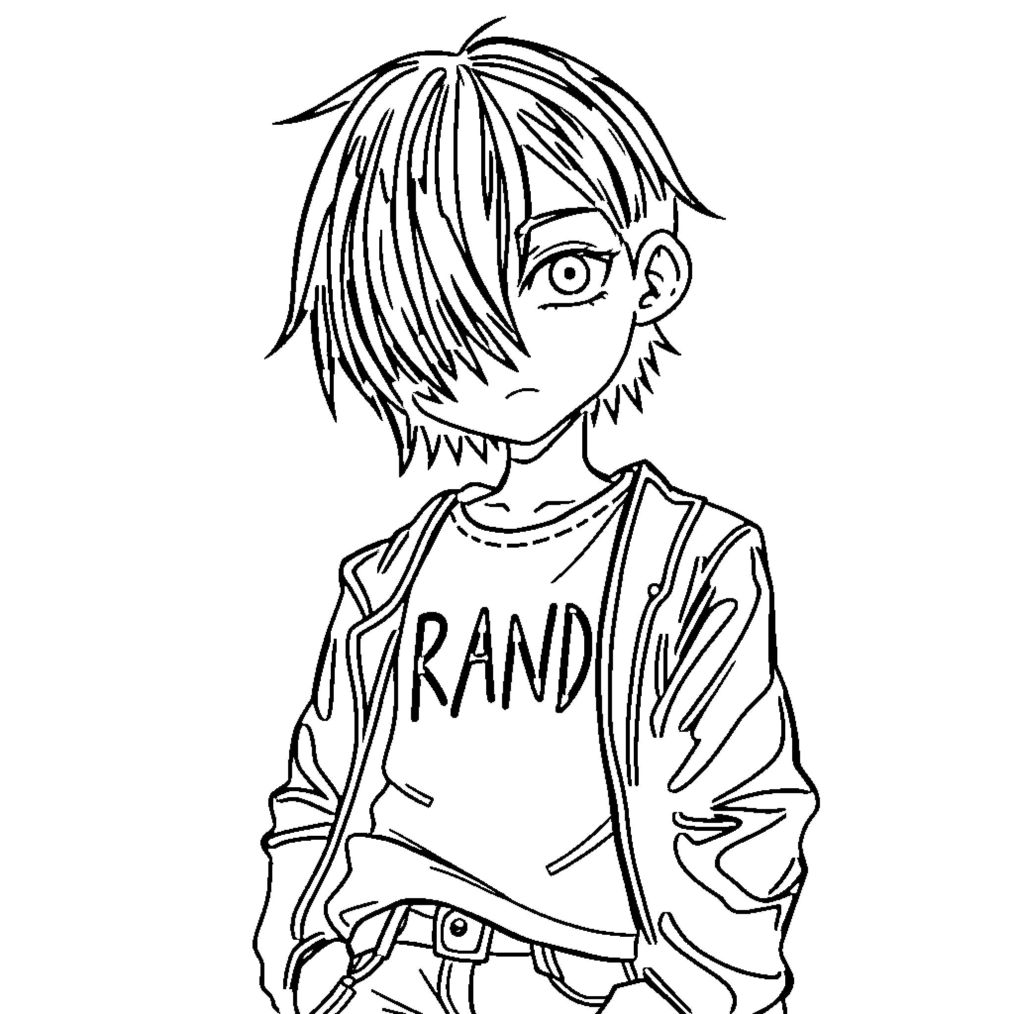 Emo Boy with Expressive Facial Features Coloring Page (free black-and-white line drawing printable PDF for all, from beginners to advanced learners, including children, teens, adults, and seniors)