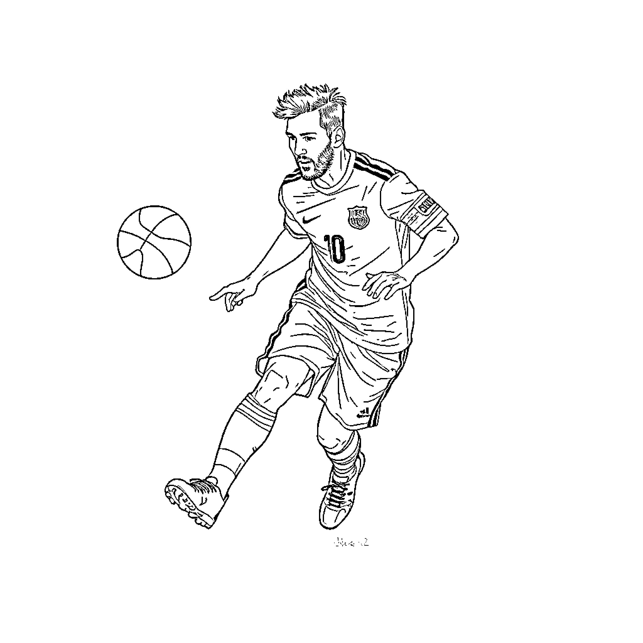 Messi playing with soccer ball in action Coloring Page (free black-and-white line drawing printable PDF for all, from beginners to advanced learners, including children, teens, adults, and seniors)