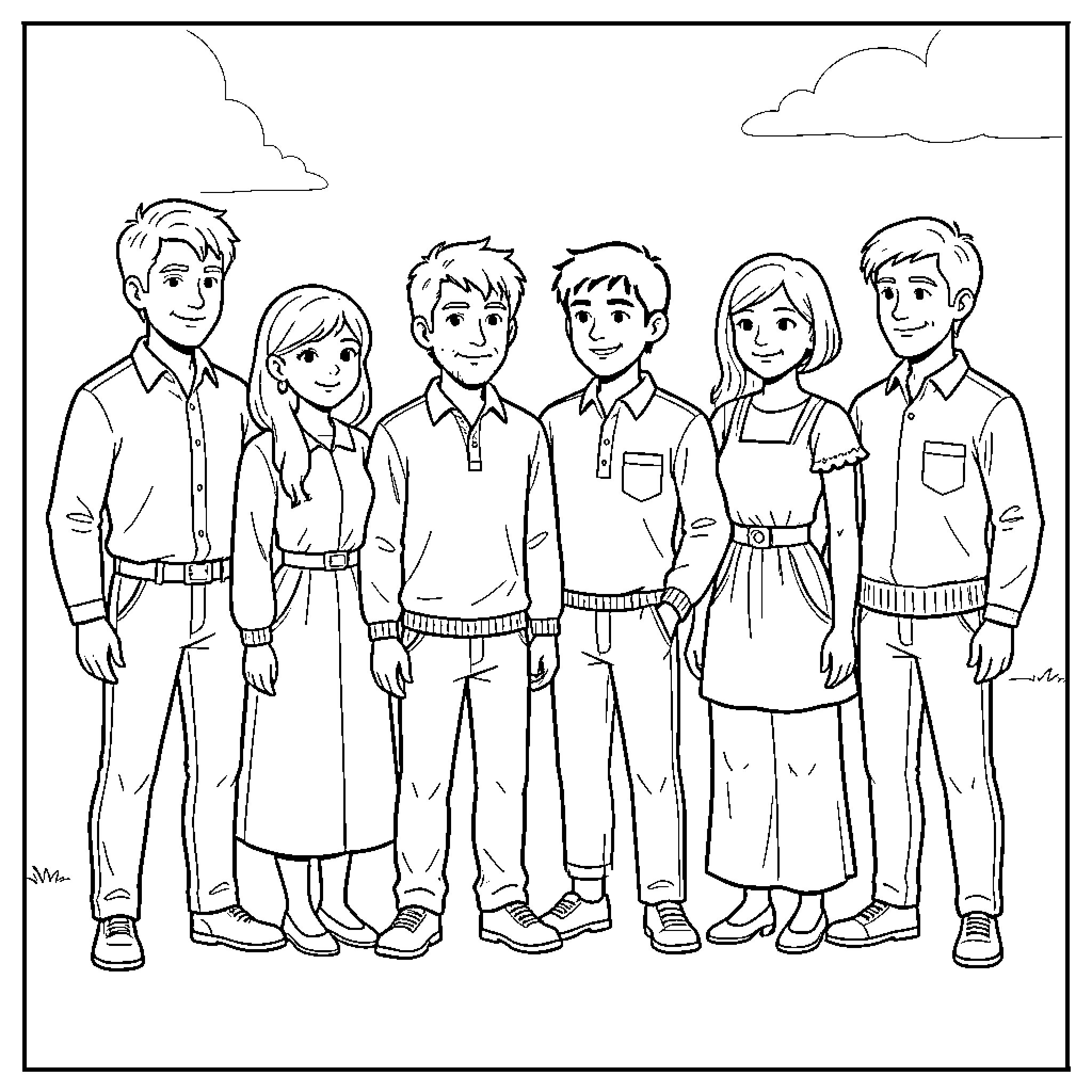 Eleven Cheerful Children in Simple Attire Coloring Page (free black-and-white line drawing printable PDF for all, from beginners to advanced learners, including children, teens, adults, and seniors)