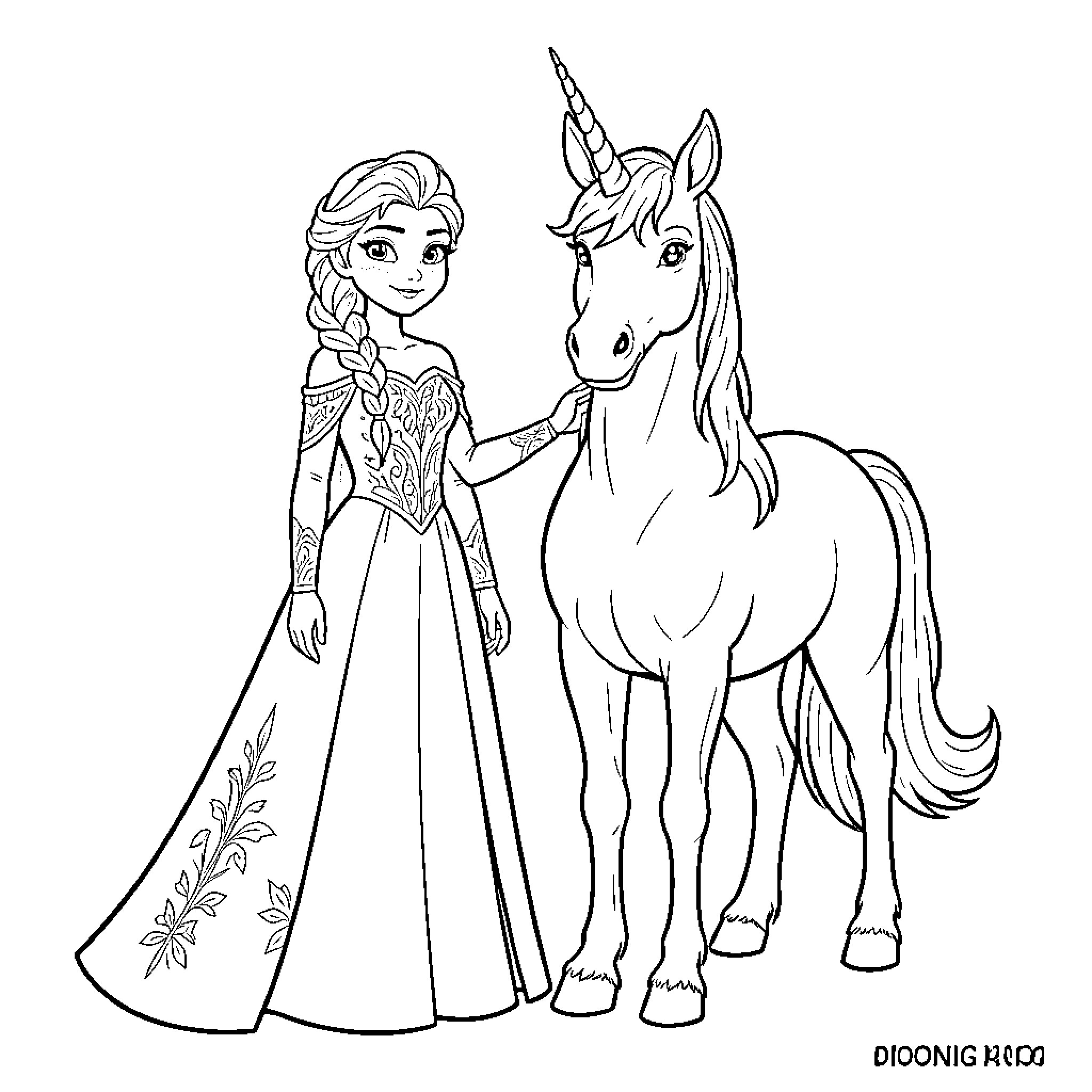 Unicorn standing beside a princess in an elegant dress Coloring Page (free black-and-white line drawing printable PDF for all, from beginners to advanced learners, including children, teens, adults, and seniors)