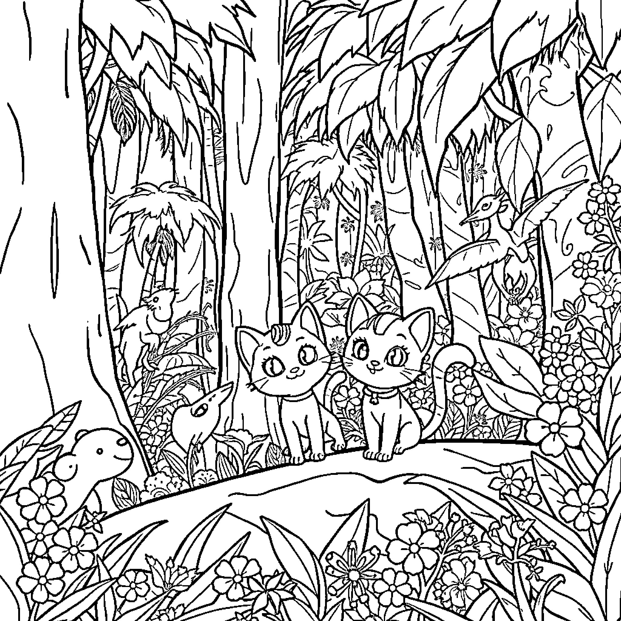 Kitty companions exploring the vibrant forest Coloring Page (free black-and-white line drawing printable PDF for all, from beginners to advanced learners, including children, teens, adults, and seniors)
