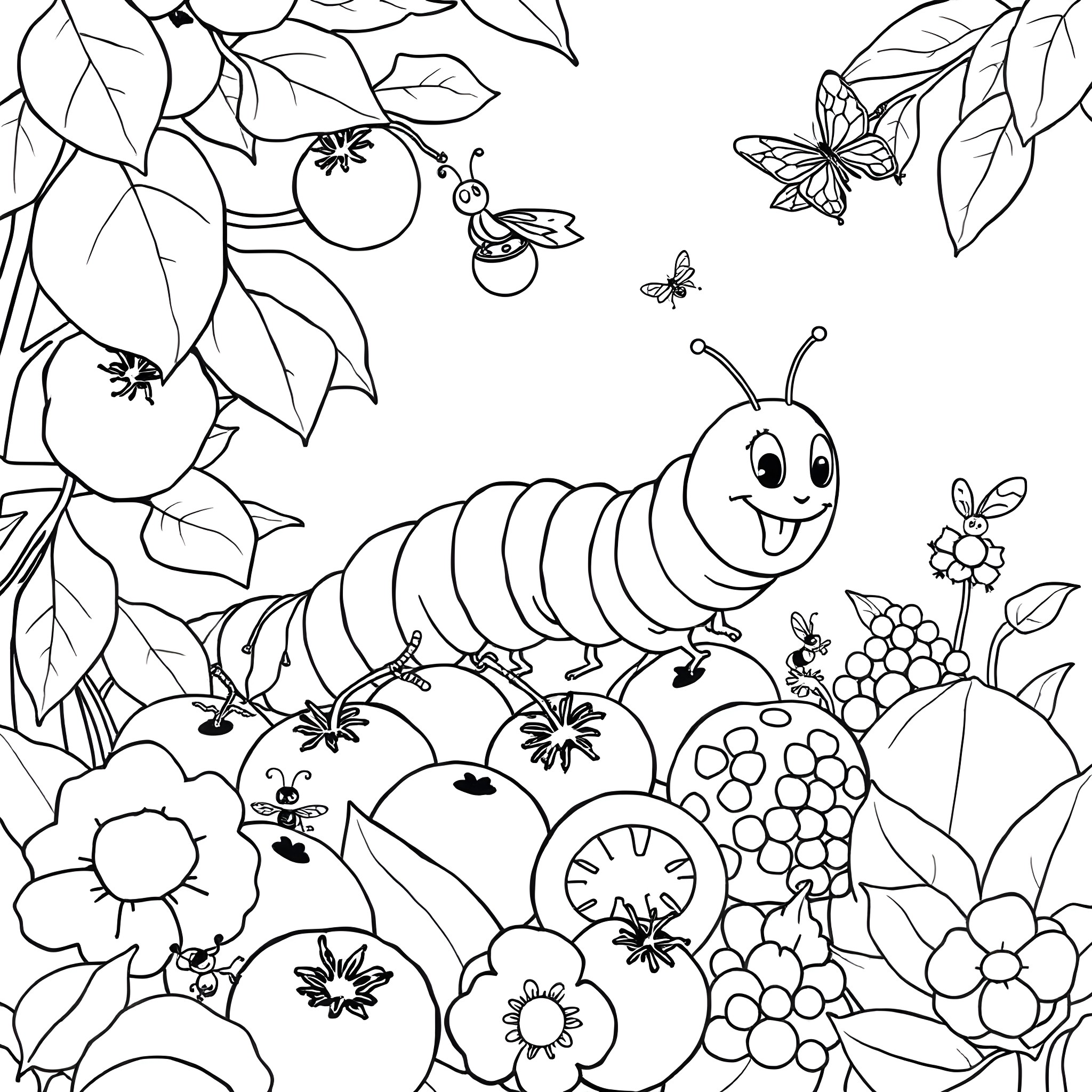 Caterpillar exploring a whimsical garden Coloring Page (free black-and-white line drawing printable PDF for all, from beginners to advanced learners, including children, teens, adults, and seniors)