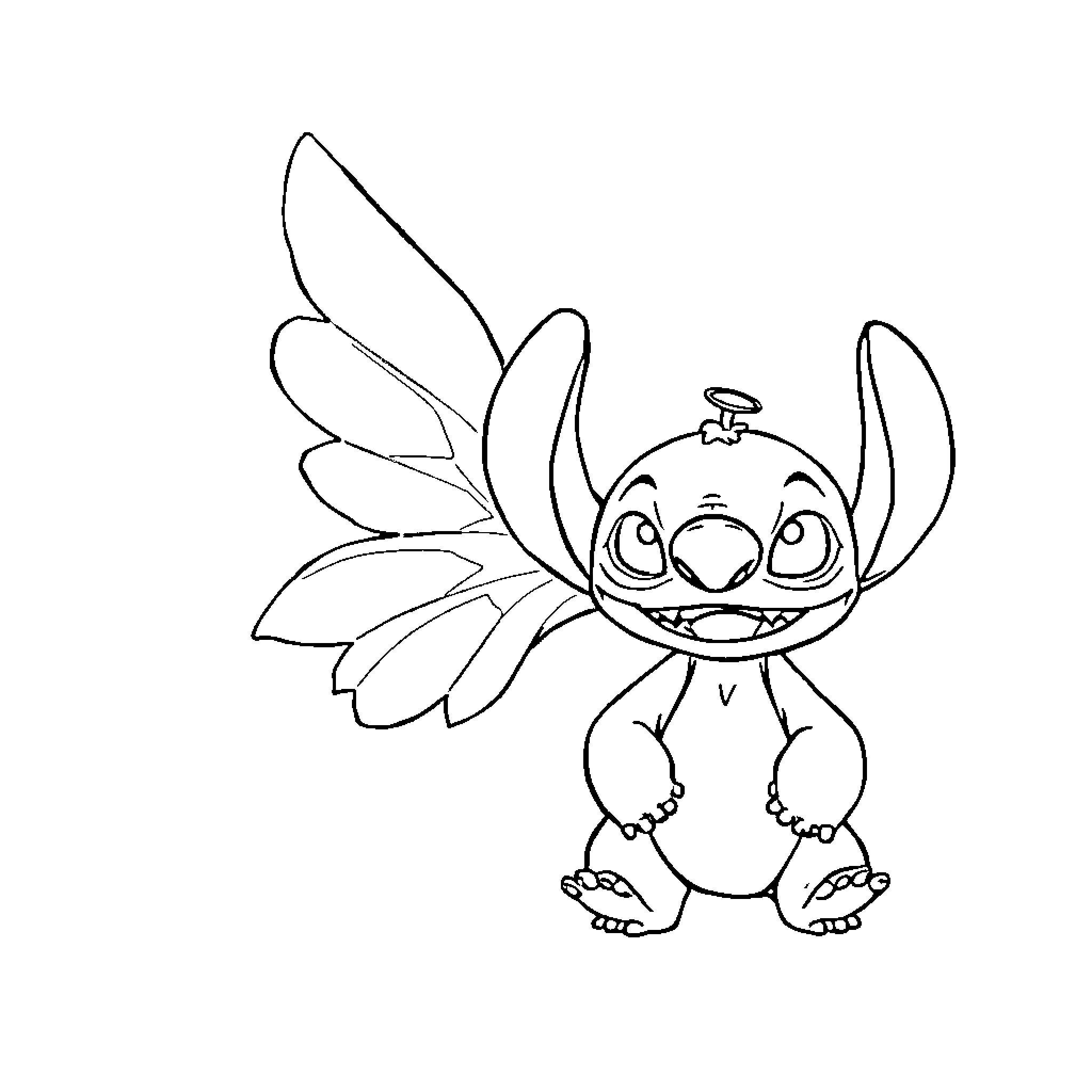 Angel Stitch with Cute Expressions Coloring Page (free black-and-white line drawing printable PDF for all, from beginners to advanced learners, including children, teens, adults, and seniors)