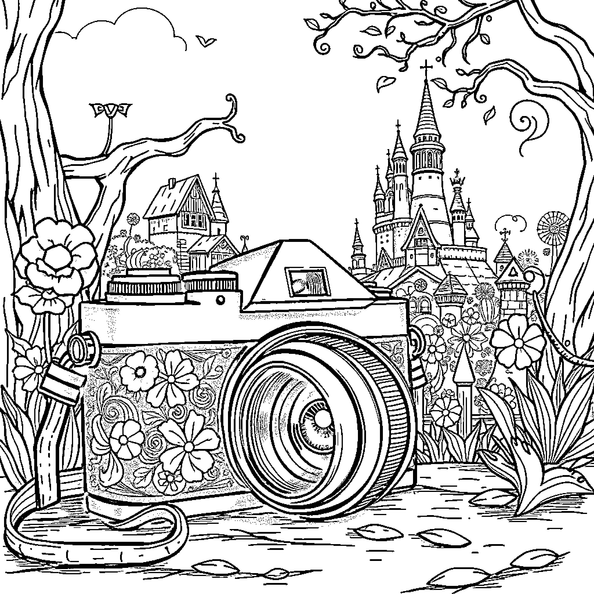 Camera capturing a whimsical fantasy landscape Coloring Page (free black-and-white line drawing printable PDF for all, from beginners to advanced learners, including children, teens, adults, and seniors)