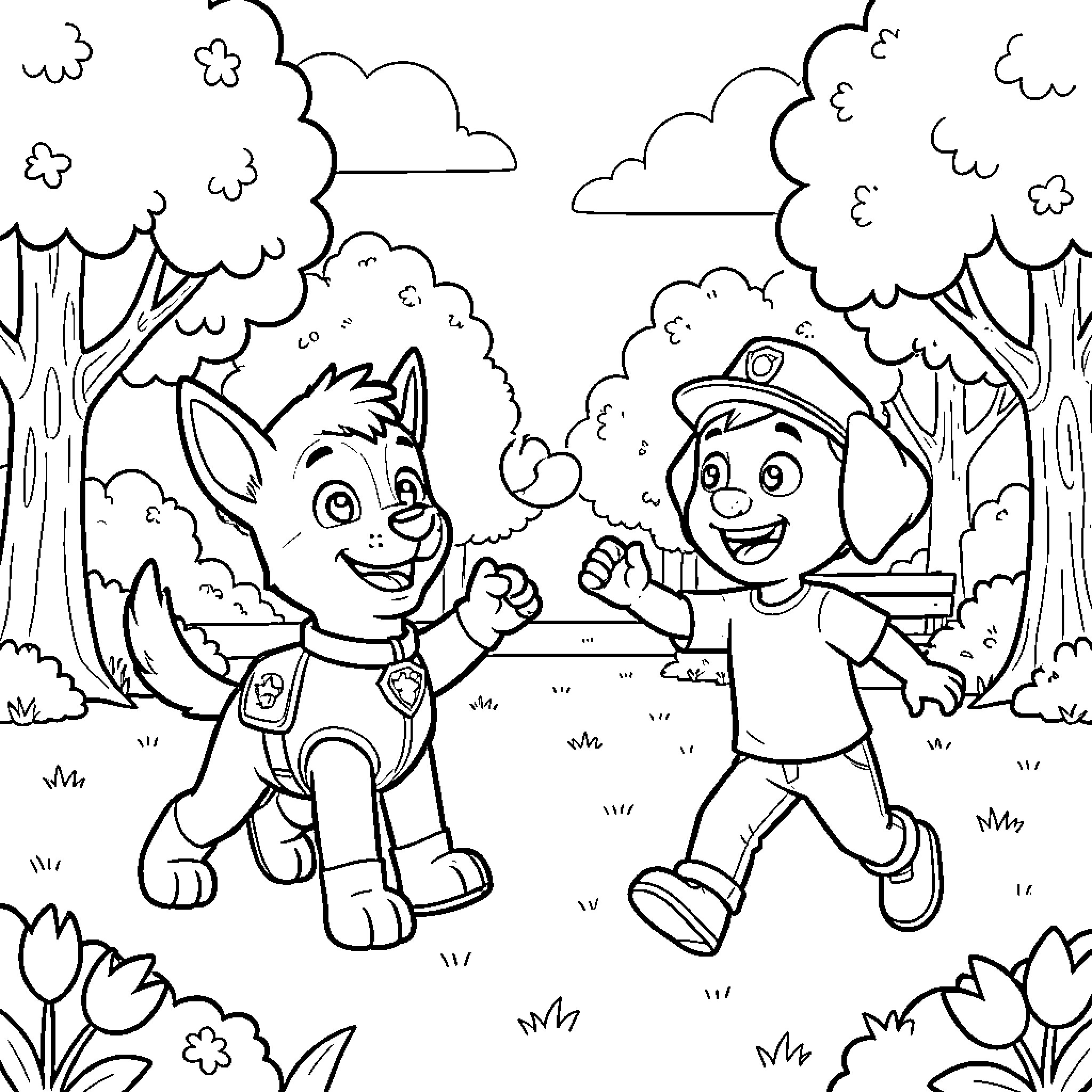 Chase and a friend playing together in the park Coloring Page (free black-and-white line drawing printable PDF for all, from beginners to advanced learners, including children, teens, adults, and seniors)