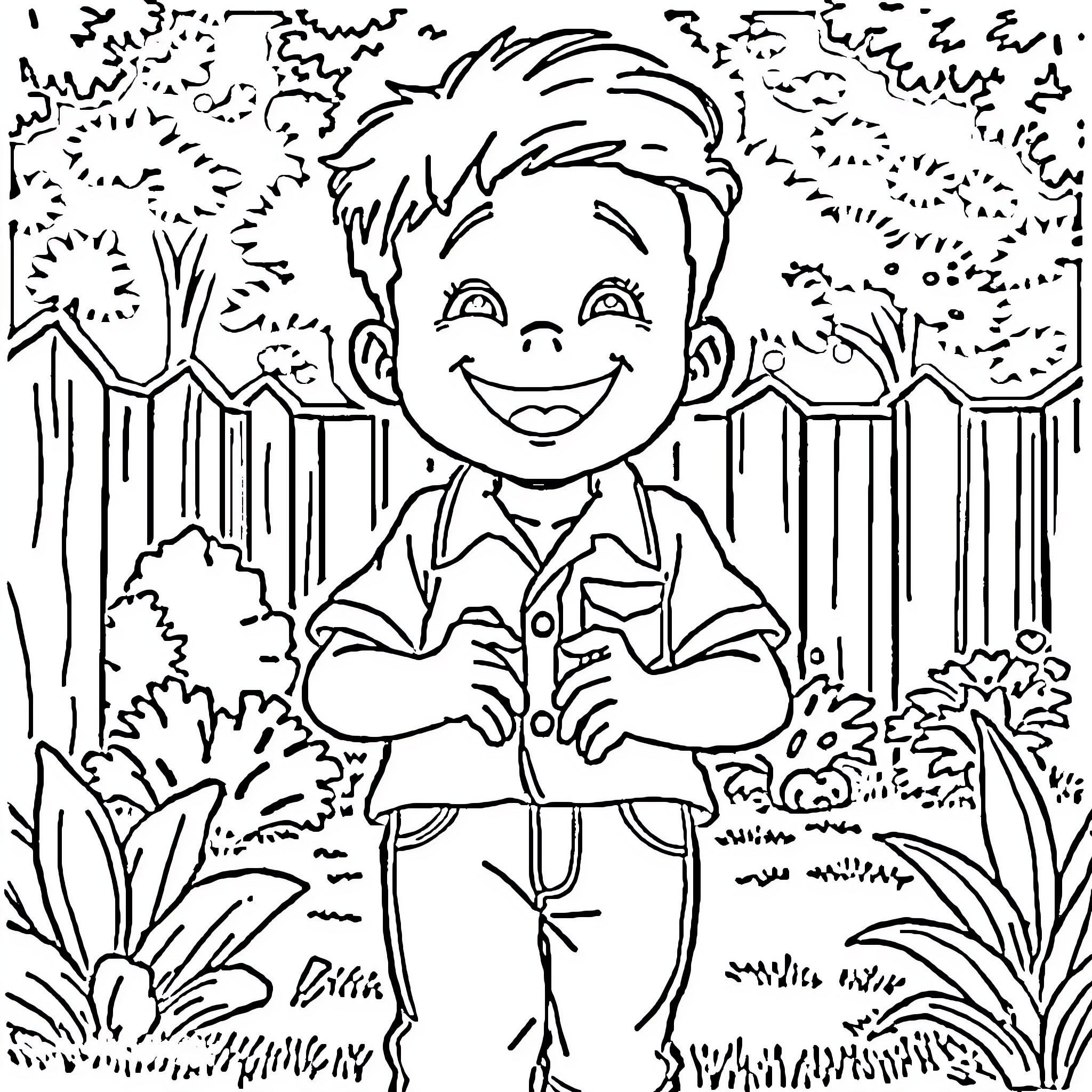 Bobby Hill playing happily in the backyard Coloring Page (free black-and-white line drawing printable PDF for all, from beginners to advanced learners, including children, teens, adults, and seniors)