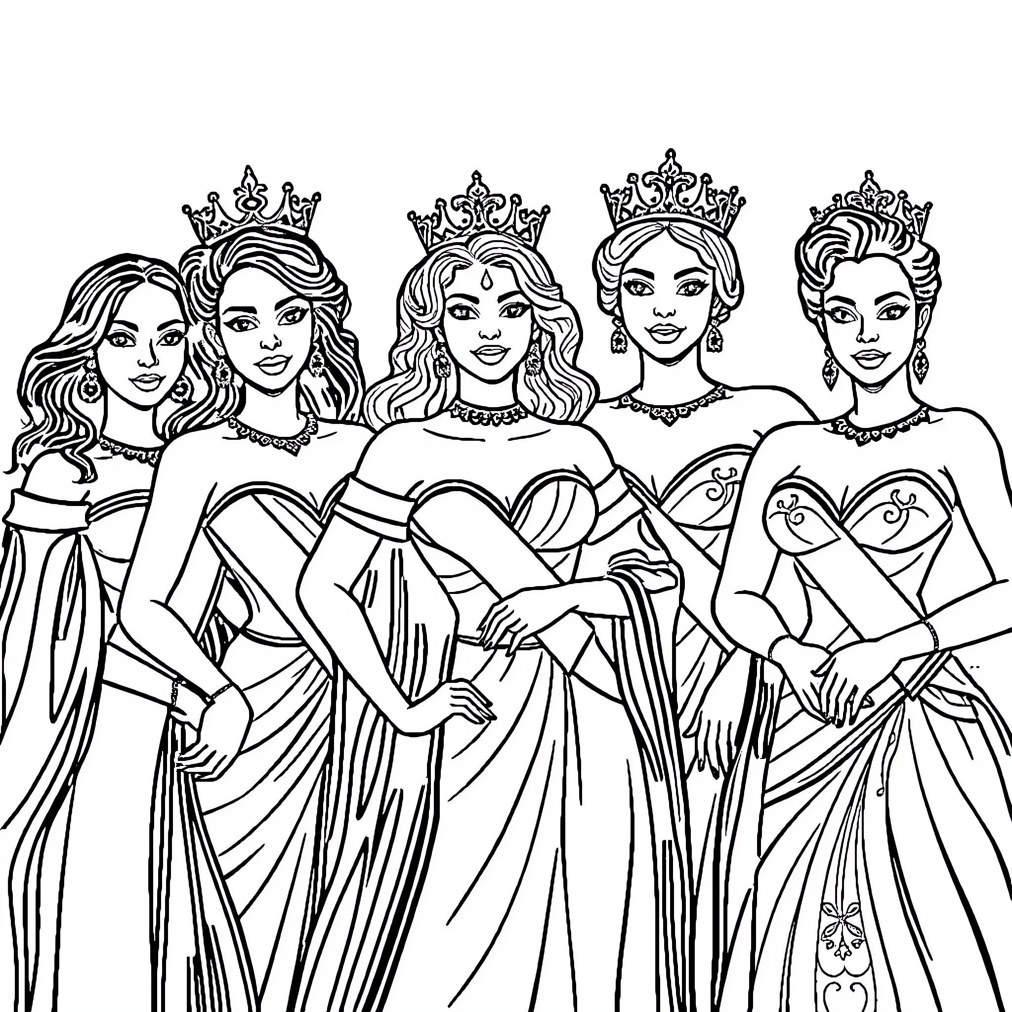 Queen's Regality: A Regal Assembly of Elegant Sovereigns Coloring Page (free black-and-white line drawing printable PDF for all, from beginners to advanced learners, including children, teens, adults, and seniors)