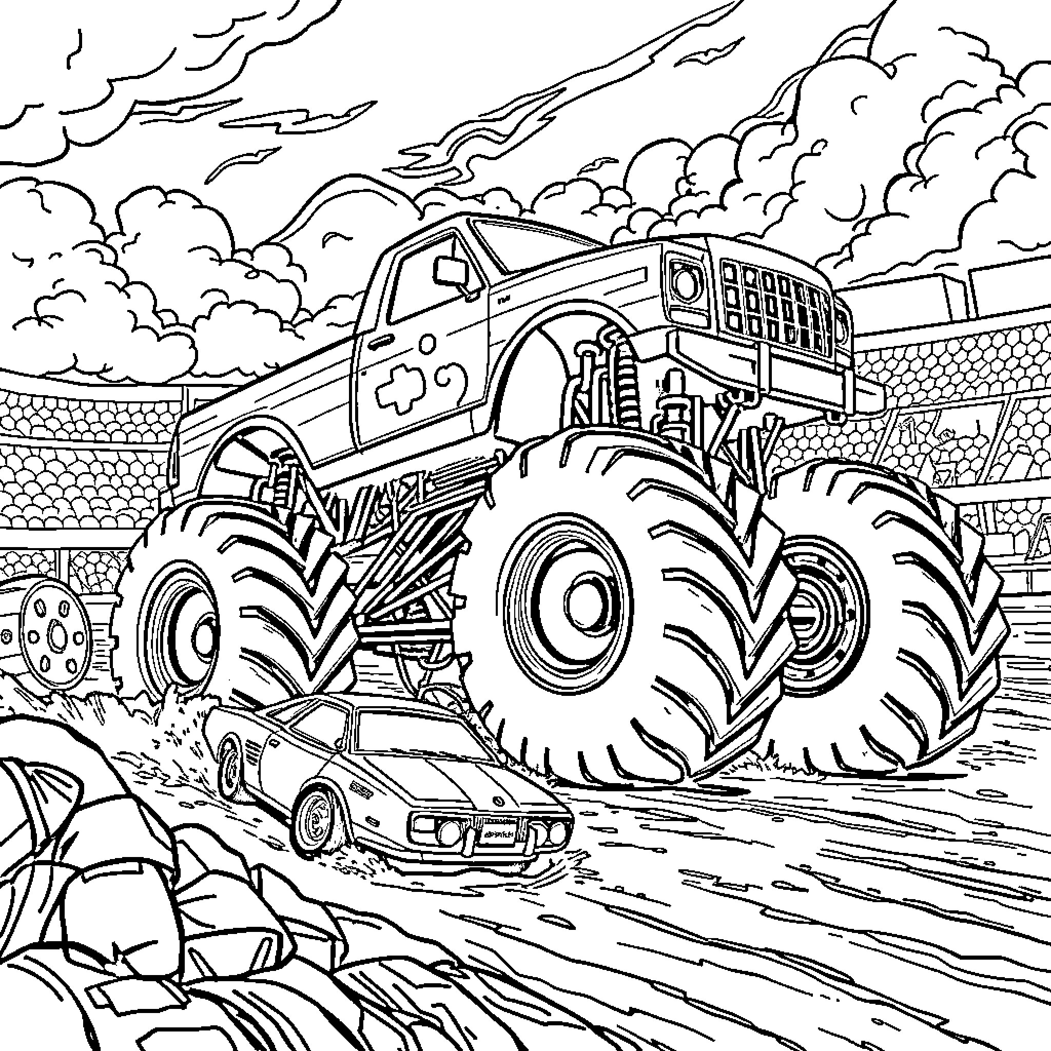 Monster Truck Crushing Smaller Vehicle in Outdoor Arena Coloring Page (free black-and-white line drawing printable PDF for all, from beginners to advanced learners, including children, teens, adults, and seniors)