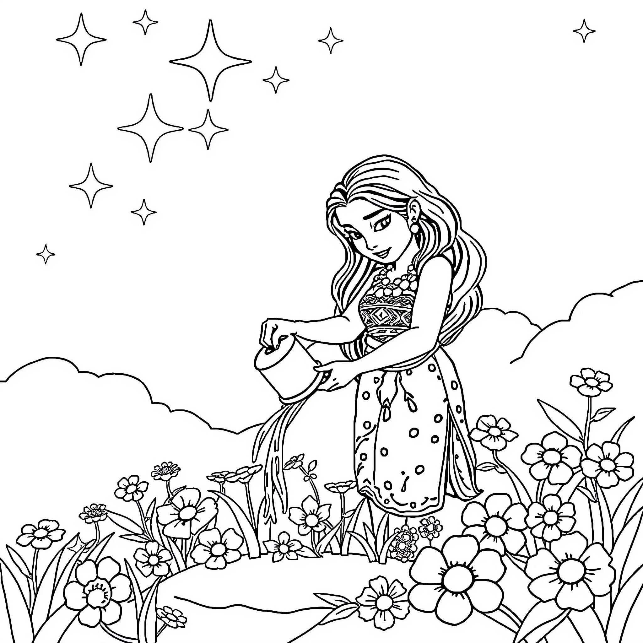 Moana admiring the magical flowers in a whimsical meadow Coloring Page (free black-and-white line drawing printable PDF for all, from beginners to advanced learners, including children, teens, adults, and seniors)