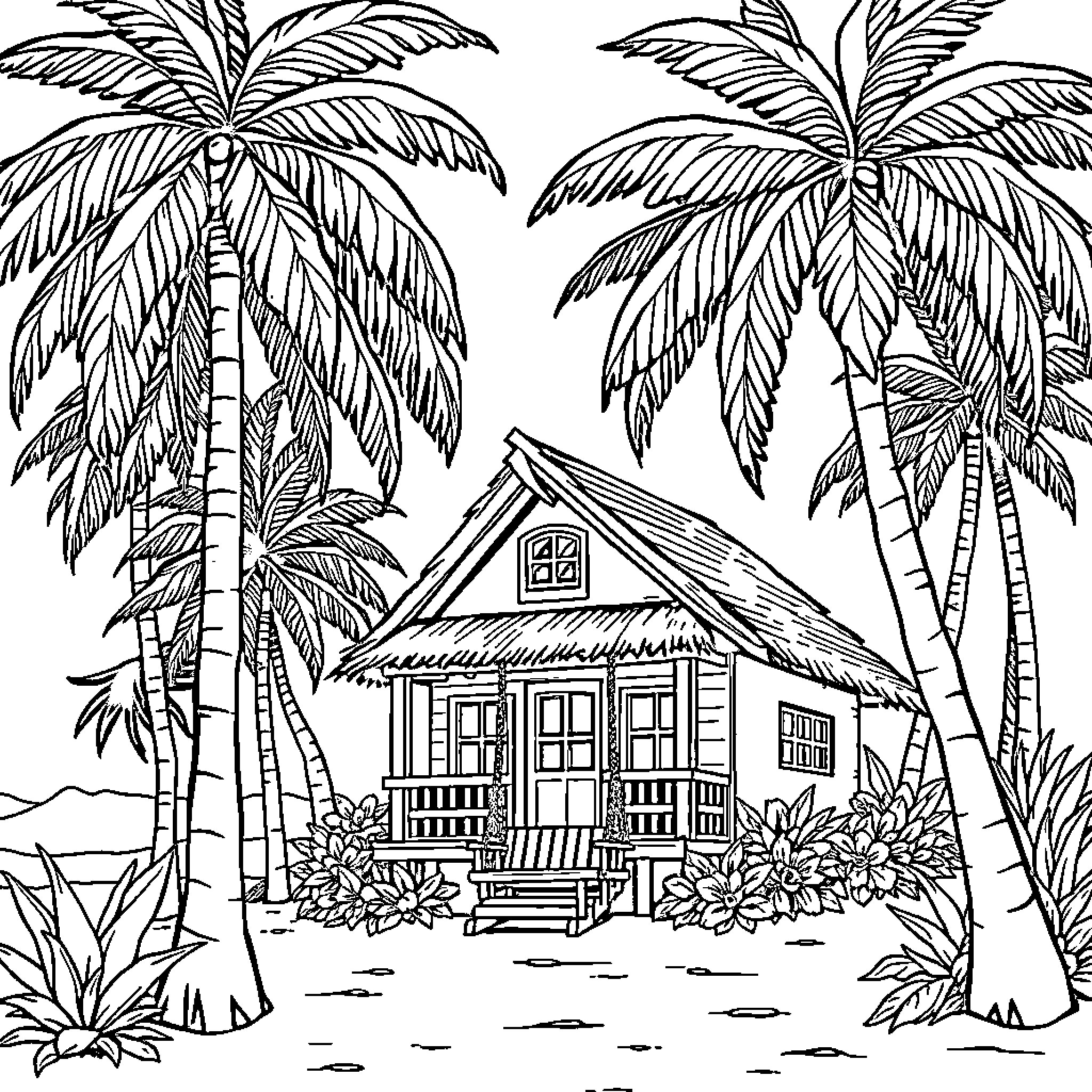 Beach House with Lush Palm Trees Coloring Page (free black-and-white line drawing printable PDF for all, from beginners to advanced learners, including children, teens, adults, and seniors)