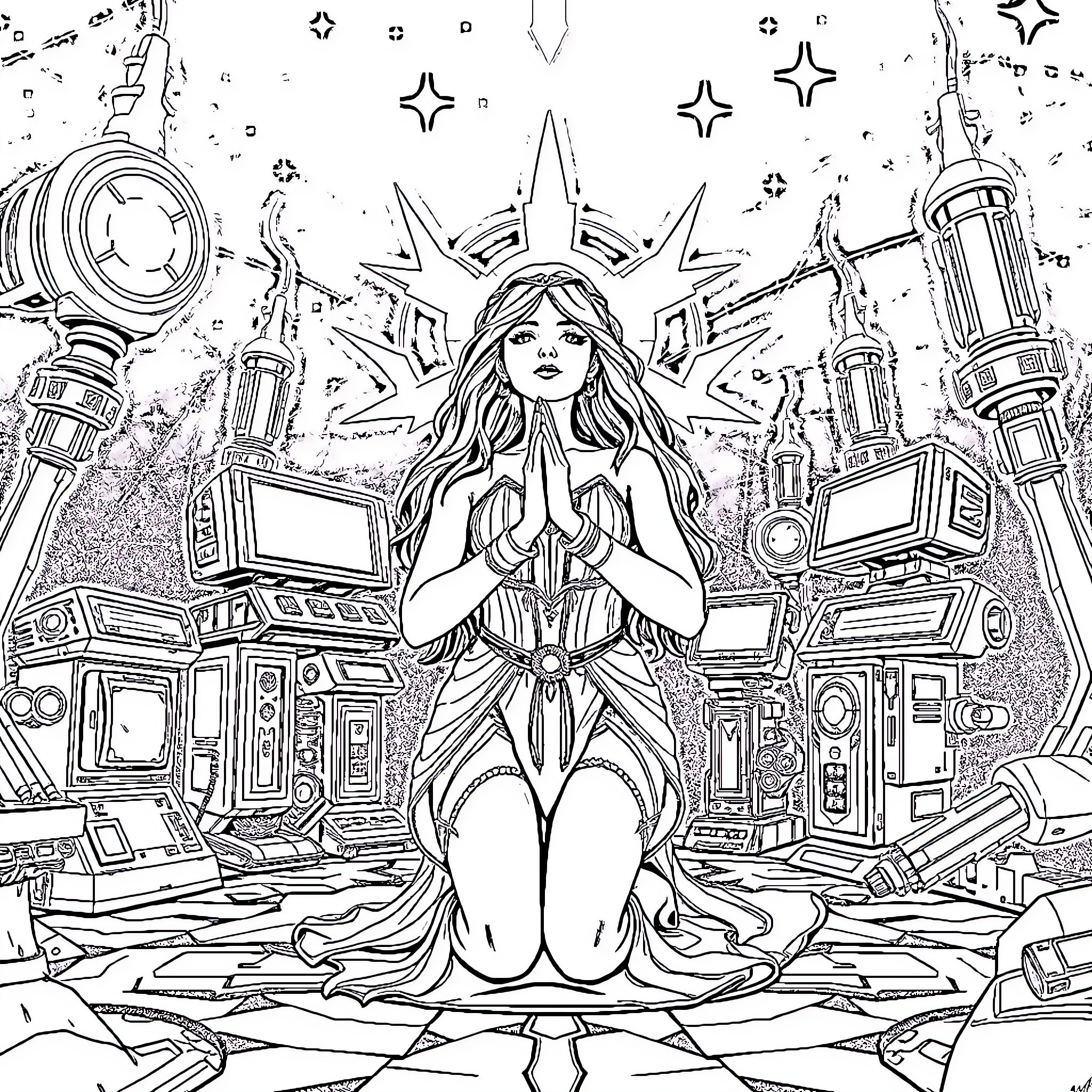 Terra Branford's mystical warrior in futuristic realm Coloring Page (free black-and-white line drawing printable PDF for all, from beginners to advanced learners, including children, teens, adults, and seniors)