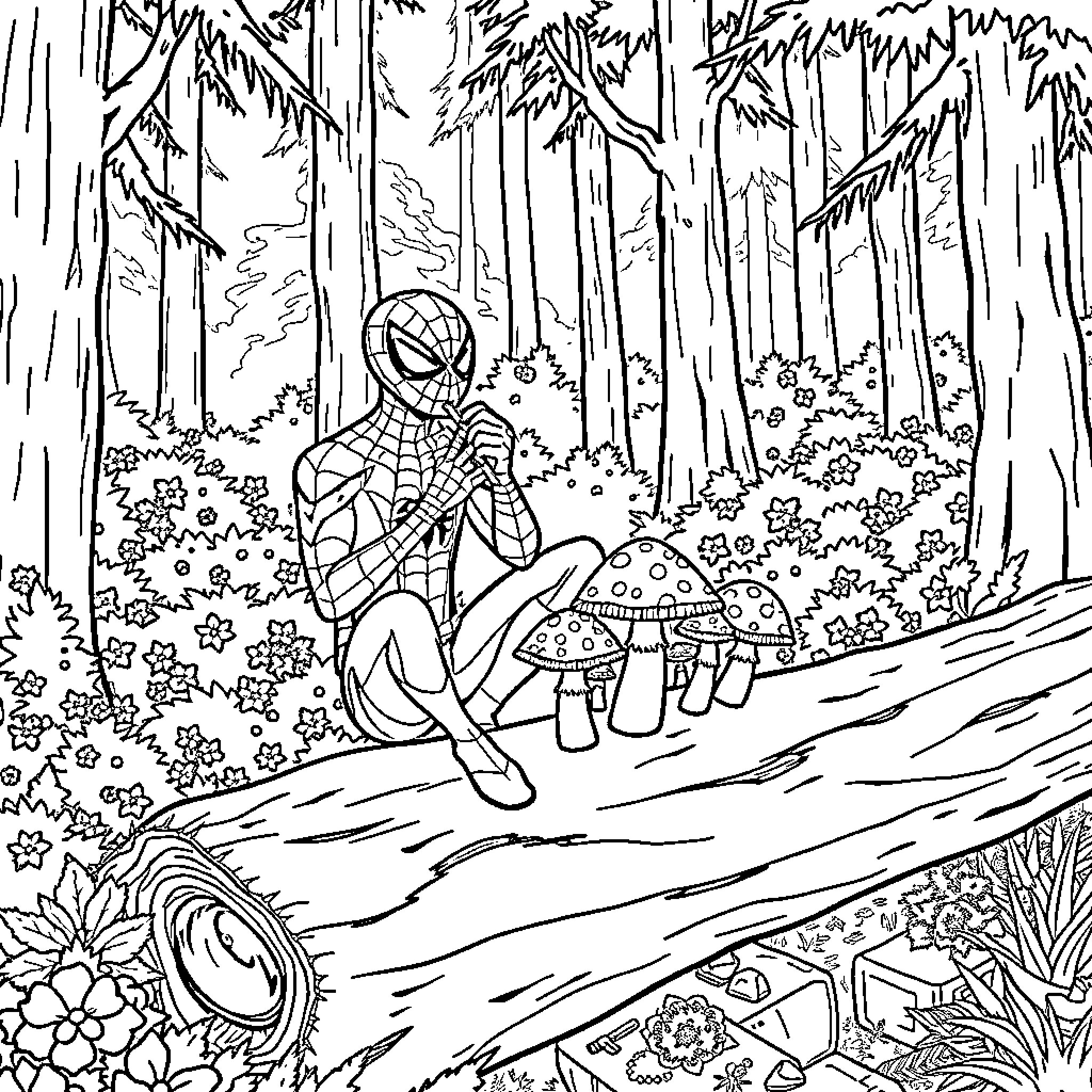 Spider-Man exploring the enchanted forest Coloring Page (free black-and-white line drawing printable PDF for all, from beginners to advanced learners, including children, teens, adults, and seniors)