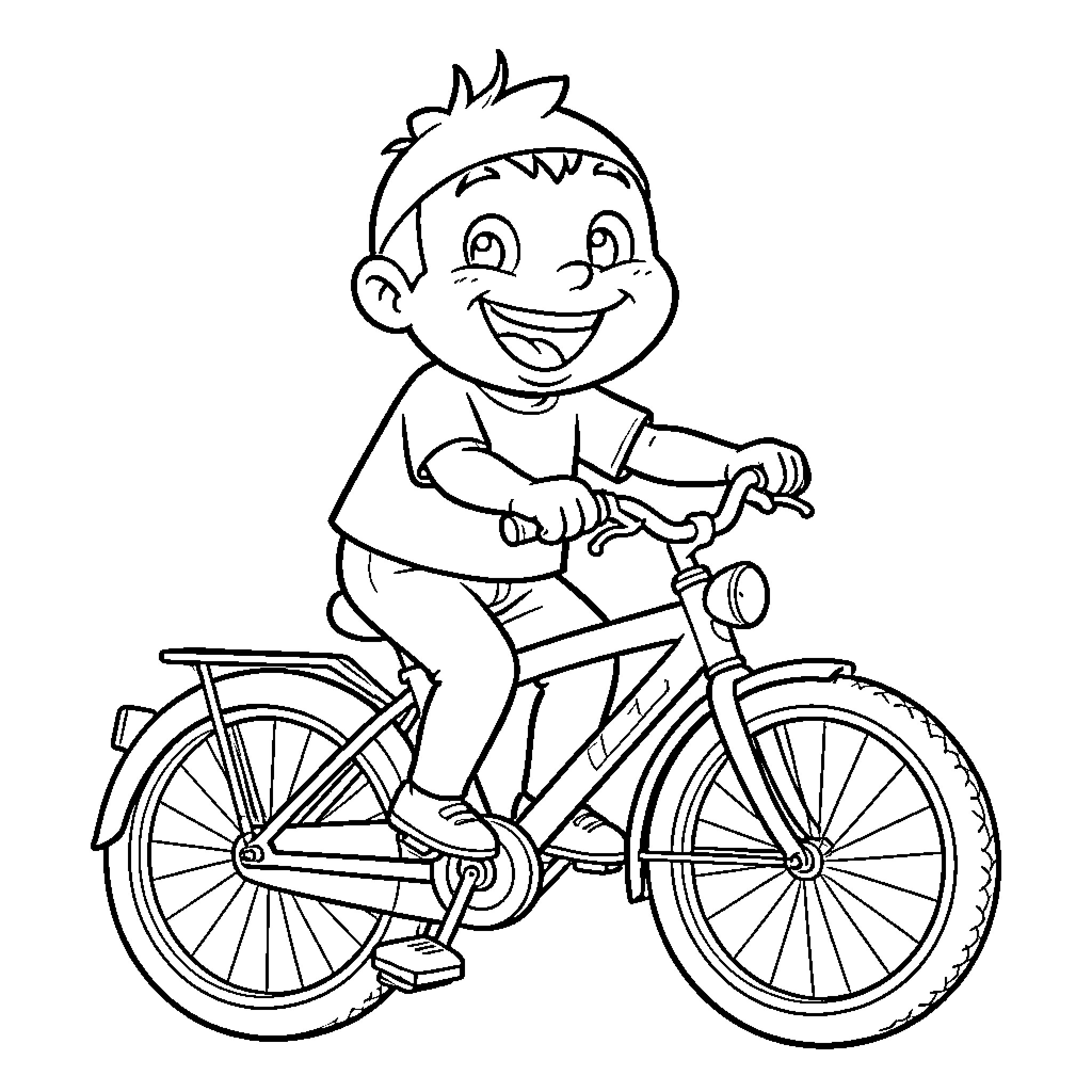 Buzz Lightyear style boy riding a bicycle happily Coloring Page (free black-and-white line drawing printable PDF for all, from beginners to advanced learners, including children, teens, adults, and seniors)