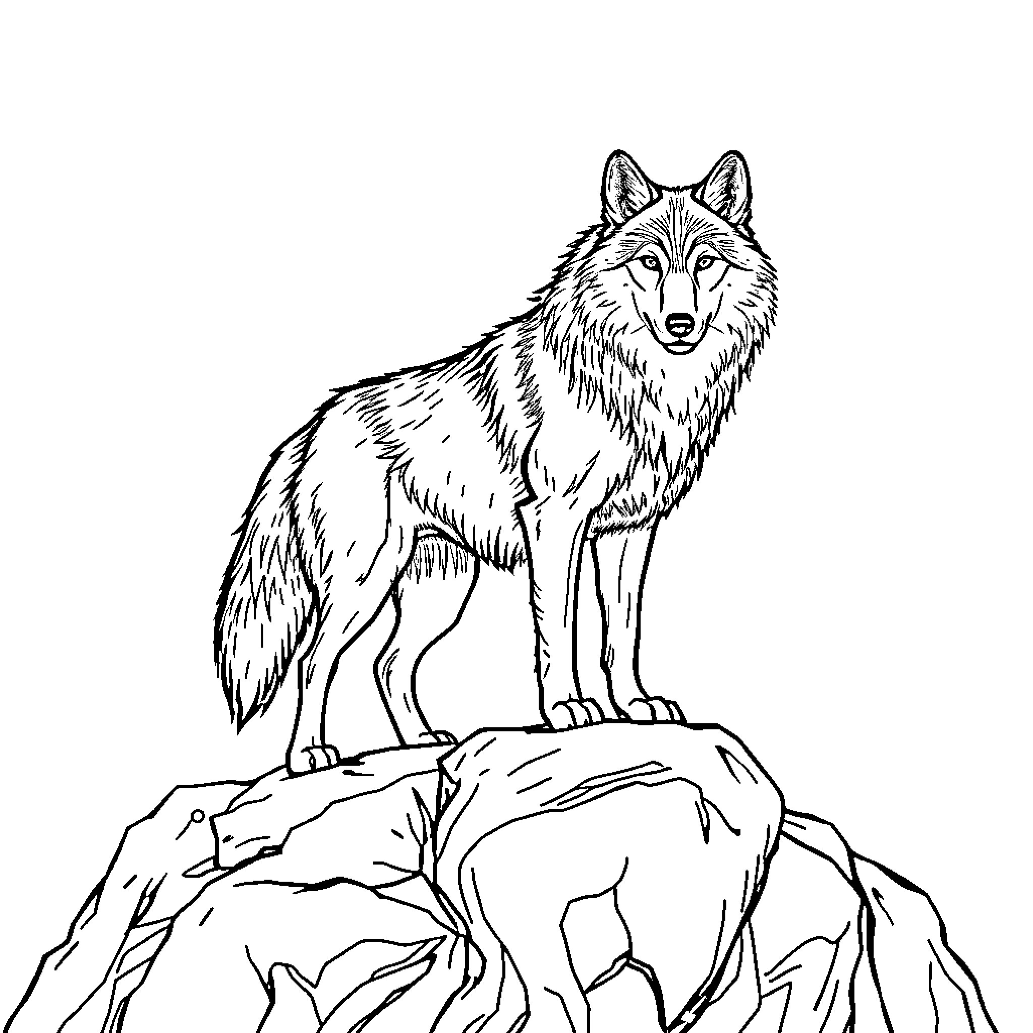 Wolf standing proudly on a rocky outcrop Coloring Page (free black-and-white line drawing printable PDF for all, from beginners to advanced learners, including children, teens, adults, and seniors)