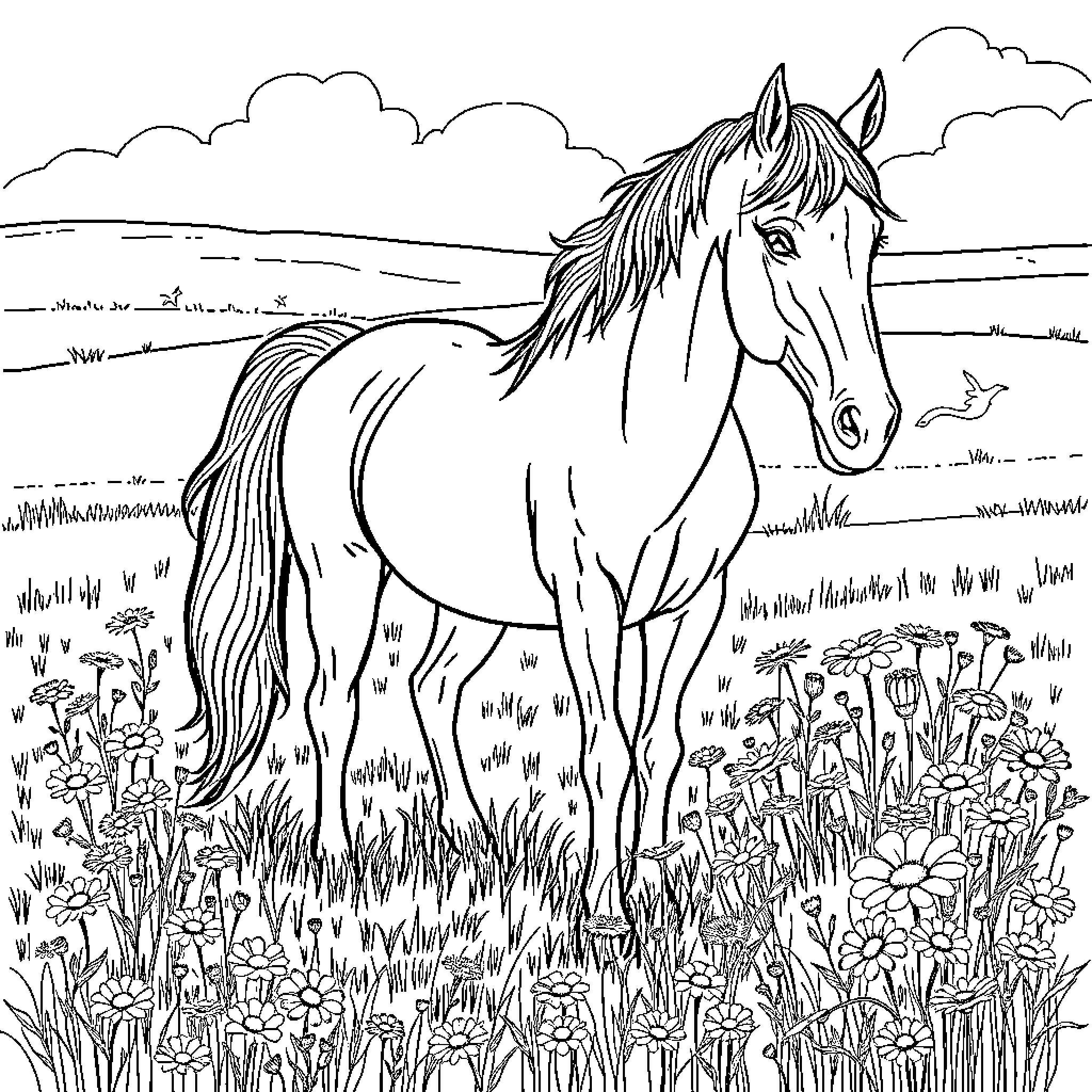 Horse standing in grassy field with wildflowers Coloring Page (free black-and-white line drawing printable PDF for all, from beginners to advanced learners, including children, teens, adults, and seniors)