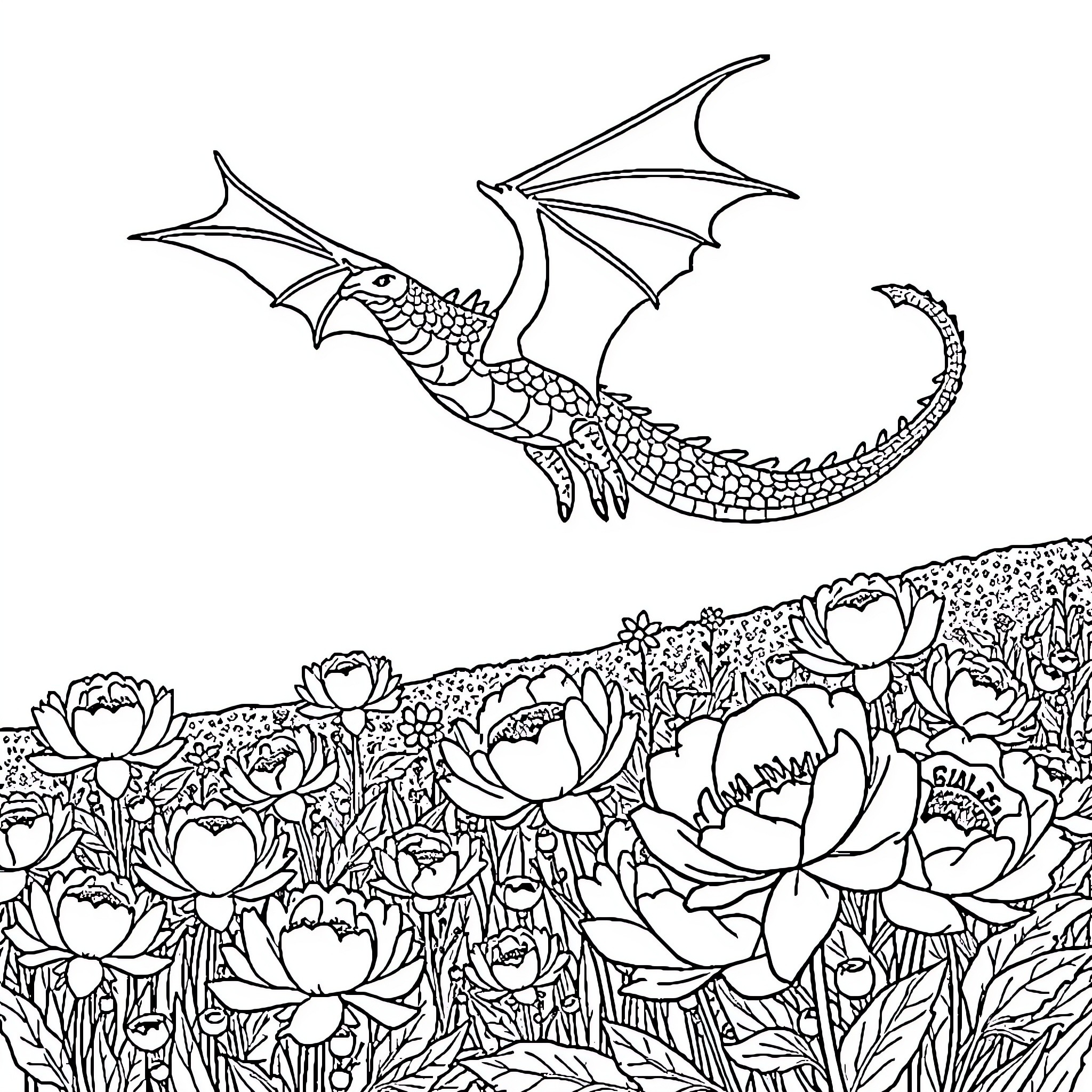 Dragon soaring over a field of blooming flowers Coloring Page (free black-and-white line drawing printable PDF for all, from beginners to advanced learners, including children, teens, adults, and seniors)