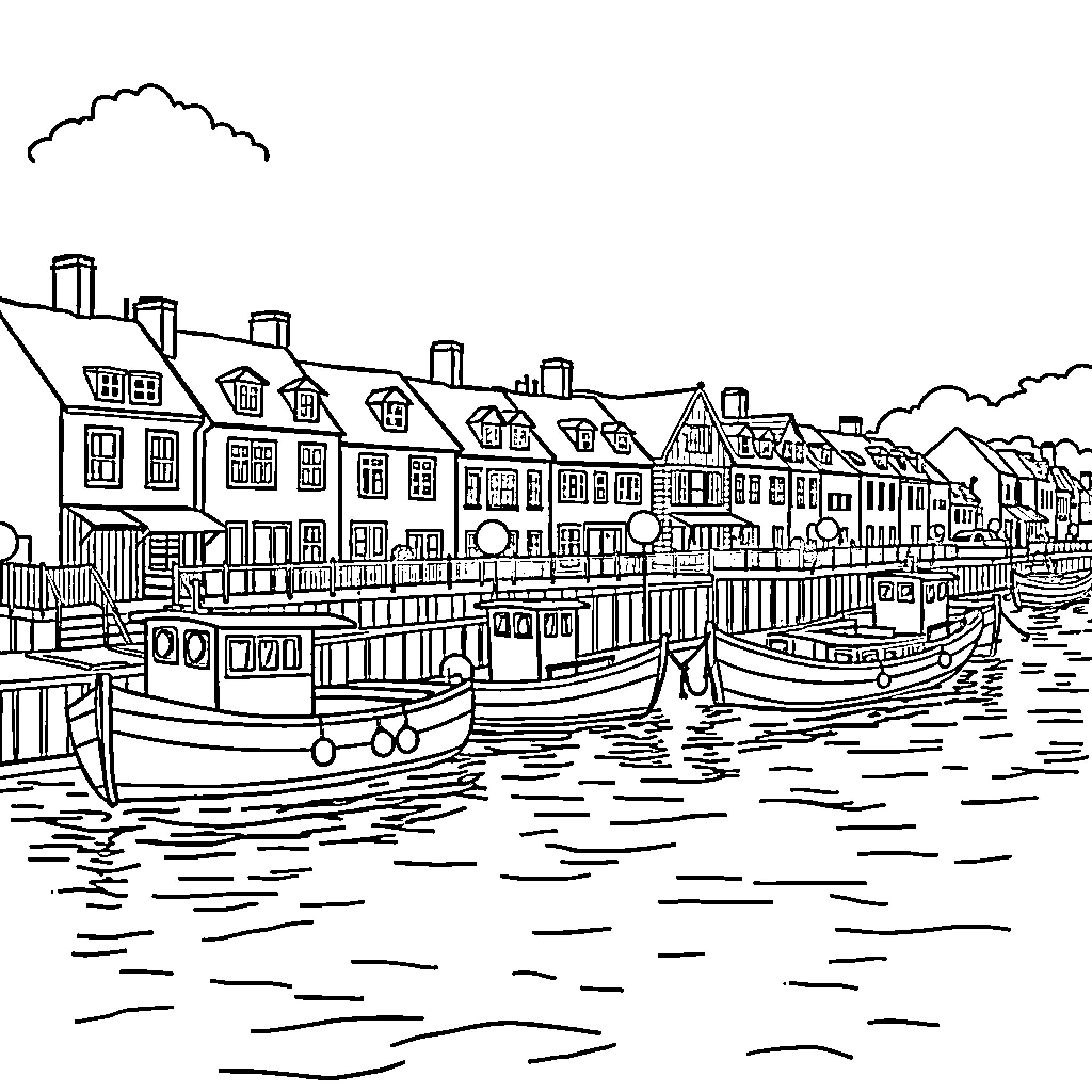 Boat docked in quaint riverside town Coloring Page (free black-and-white line drawing printable PDF for all, from beginners to advanced learners, including children, teens, adults, and seniors)