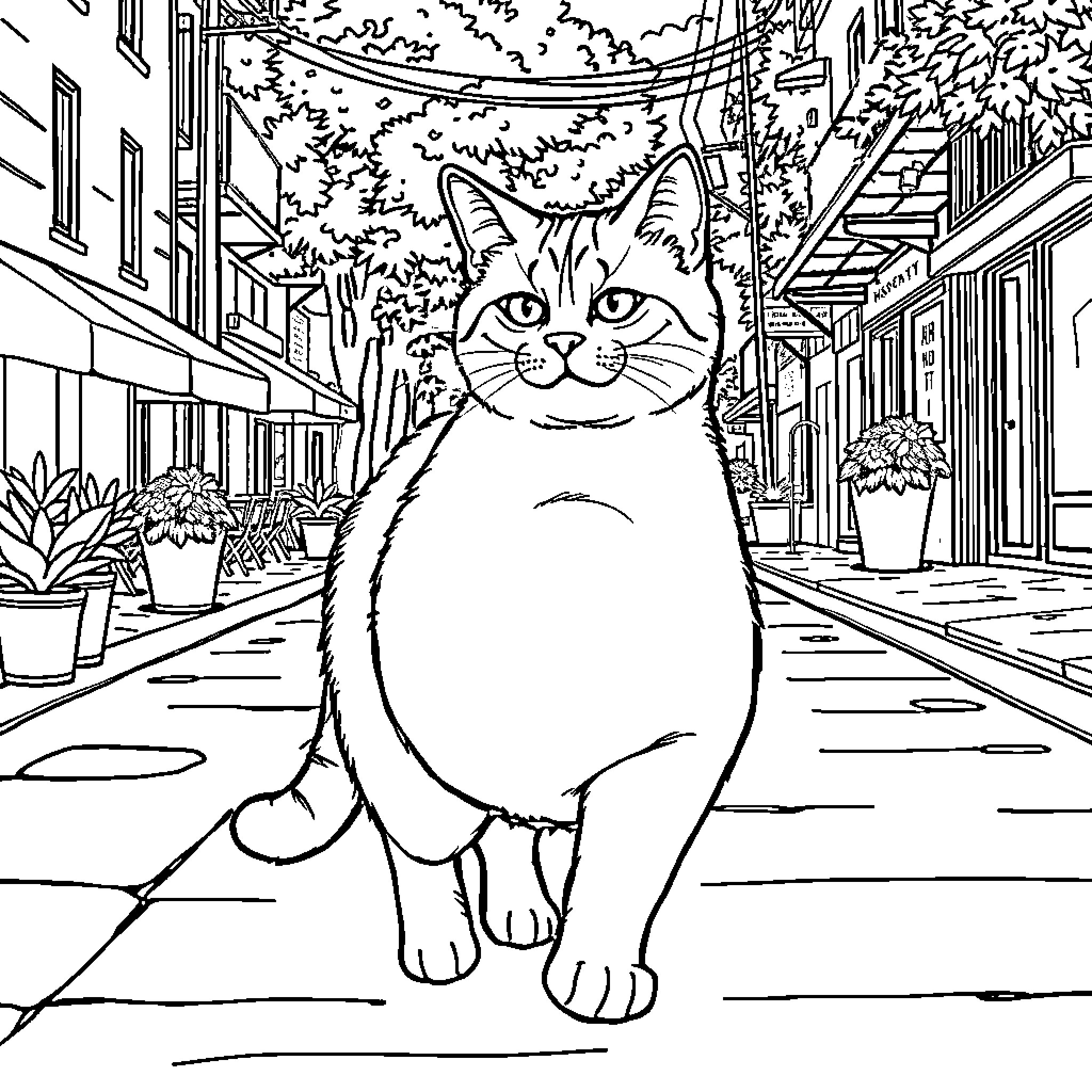 Cat exploring a quaint urban street Coloring Page (free black-and-white line drawing printable PDF for all, from beginners to advanced learners, including children, teens, adults, and seniors)