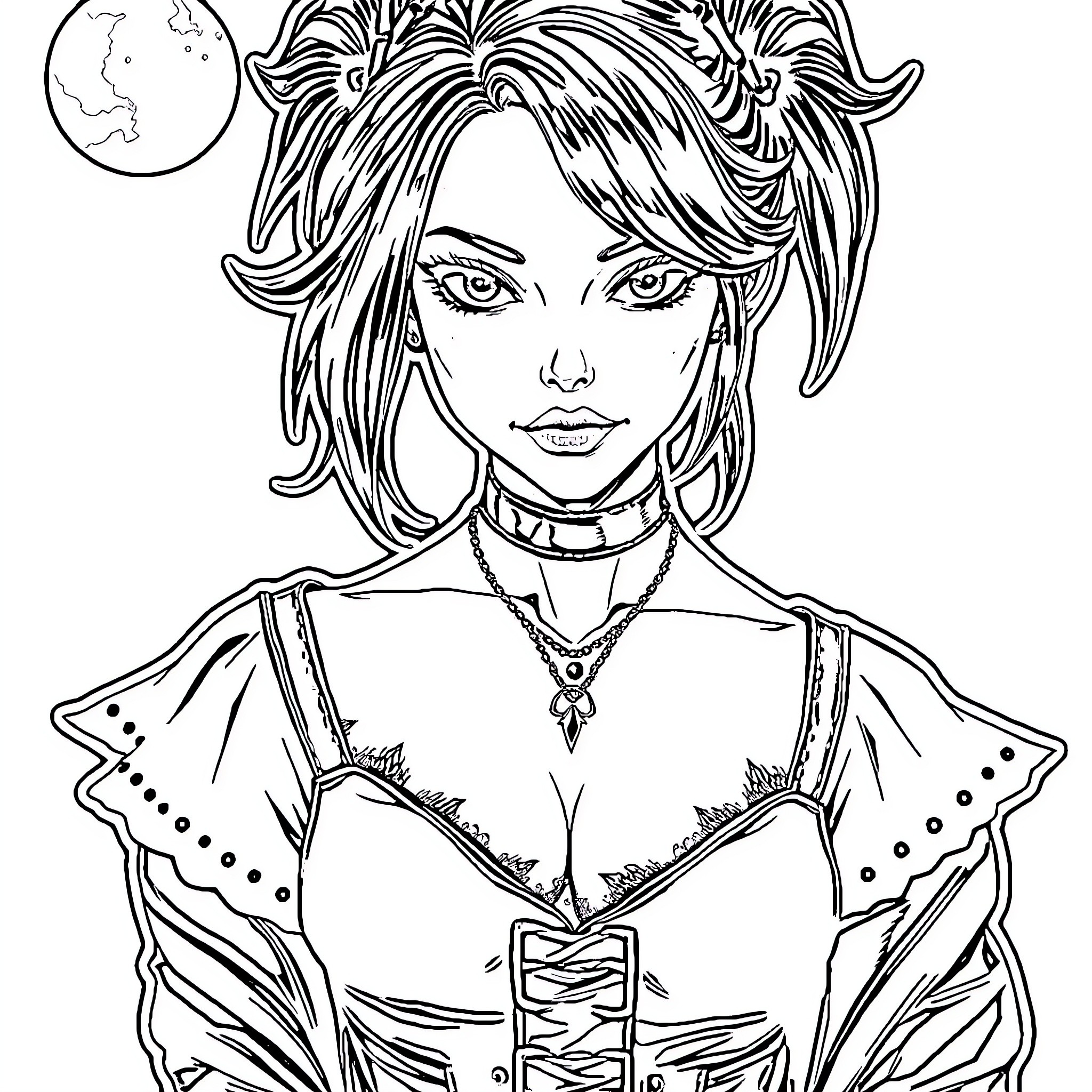 Goth Girl with Striking Appearance and Accessories Coloring Page (free black-and-white line drawing printable PDF for all, from beginners to advanced learners, including children, teens, adults, and seniors)