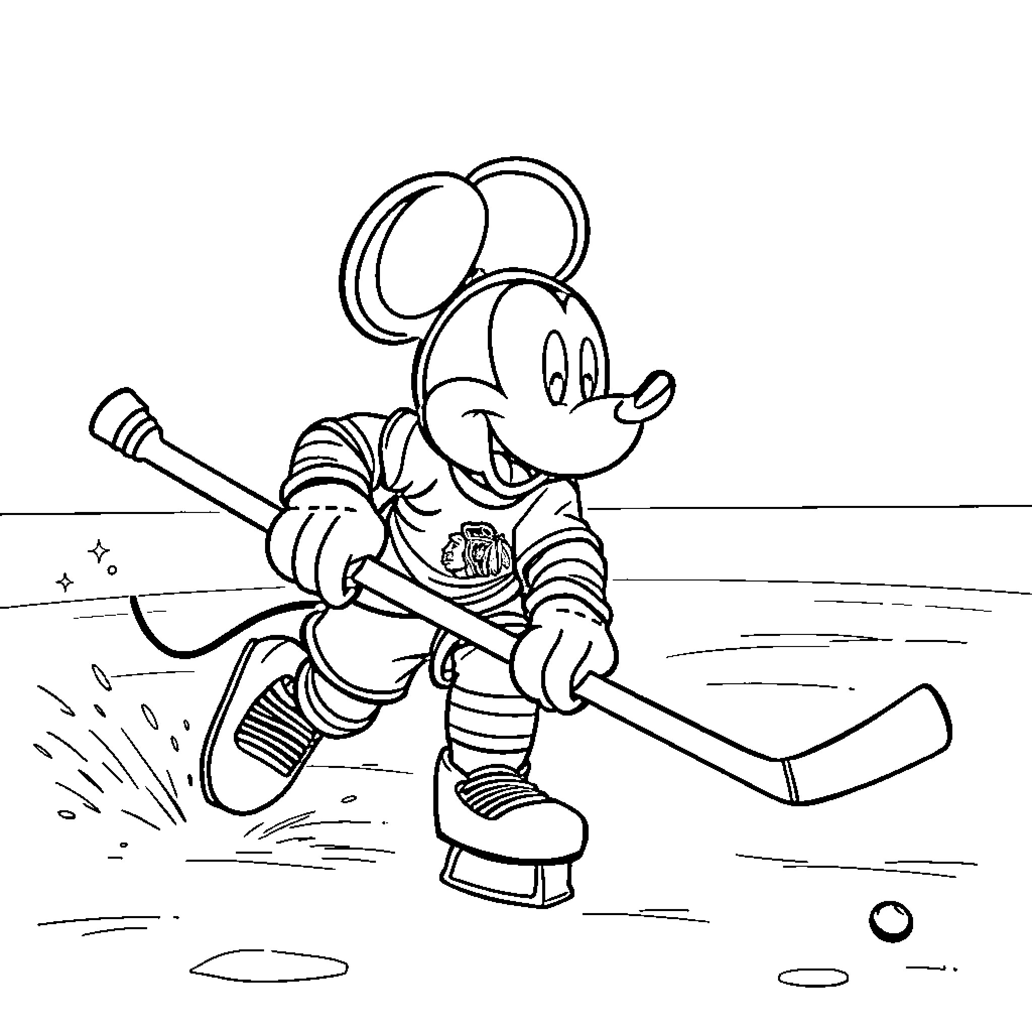 Mickey Mouse playing hockey on ice rink Coloring Page (free black-and-white line drawing printable PDF for all, from beginners to advanced learners, including children, teens, adults, and seniors)