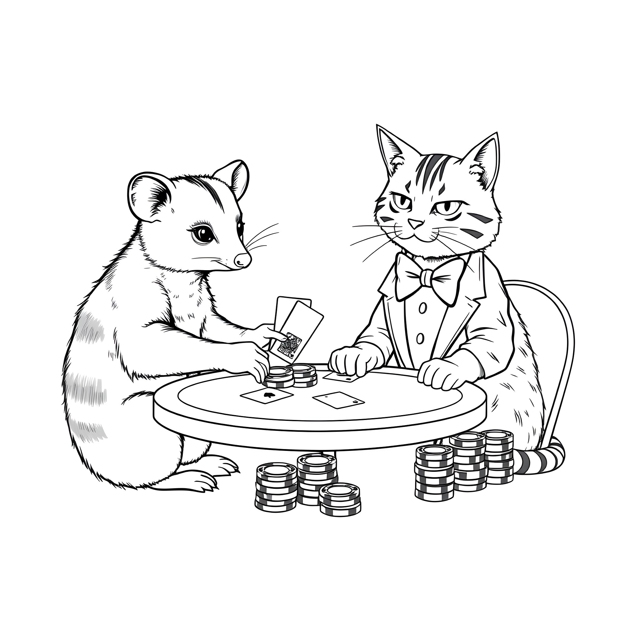 Opossum and cat playing cards together Coloring Page (free black-and-white line drawing printable PDF for all, from beginners to advanced learners, including children, teens, adults, and seniors)