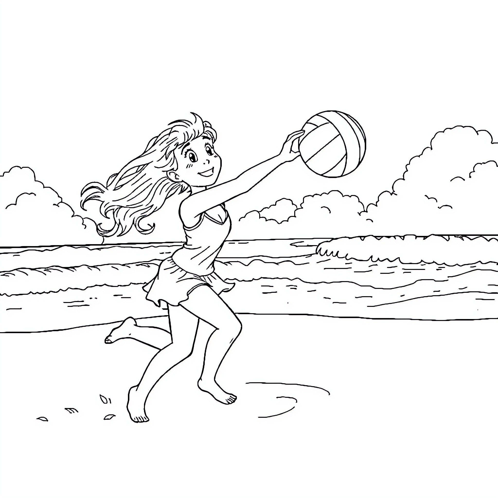 Amelia playing beach volleyball in the sun Coloring Page (free black-and-white line drawing printable PDF for all, from beginners to advanced learners, including children, teens, adults, and seniors)