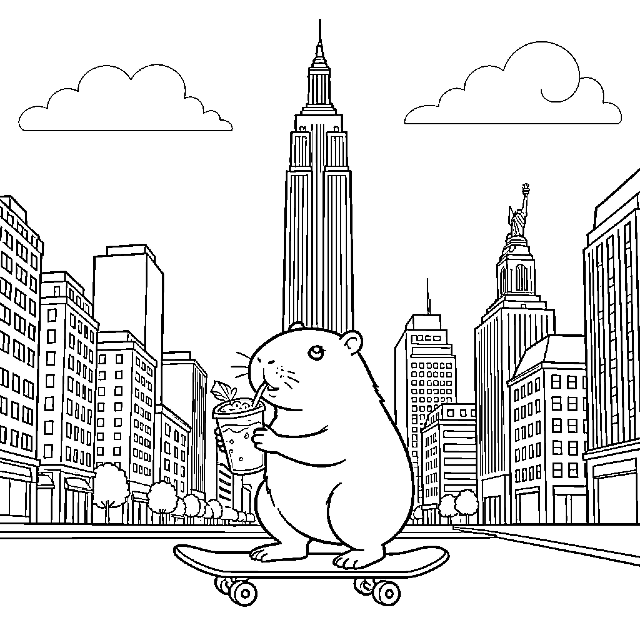 Capybara riding a skateboard while drinking a beverage Coloring Page (free black-and-white line drawing printable PDF for all, from beginners to advanced learners, including children, teens, adults, and seniors)