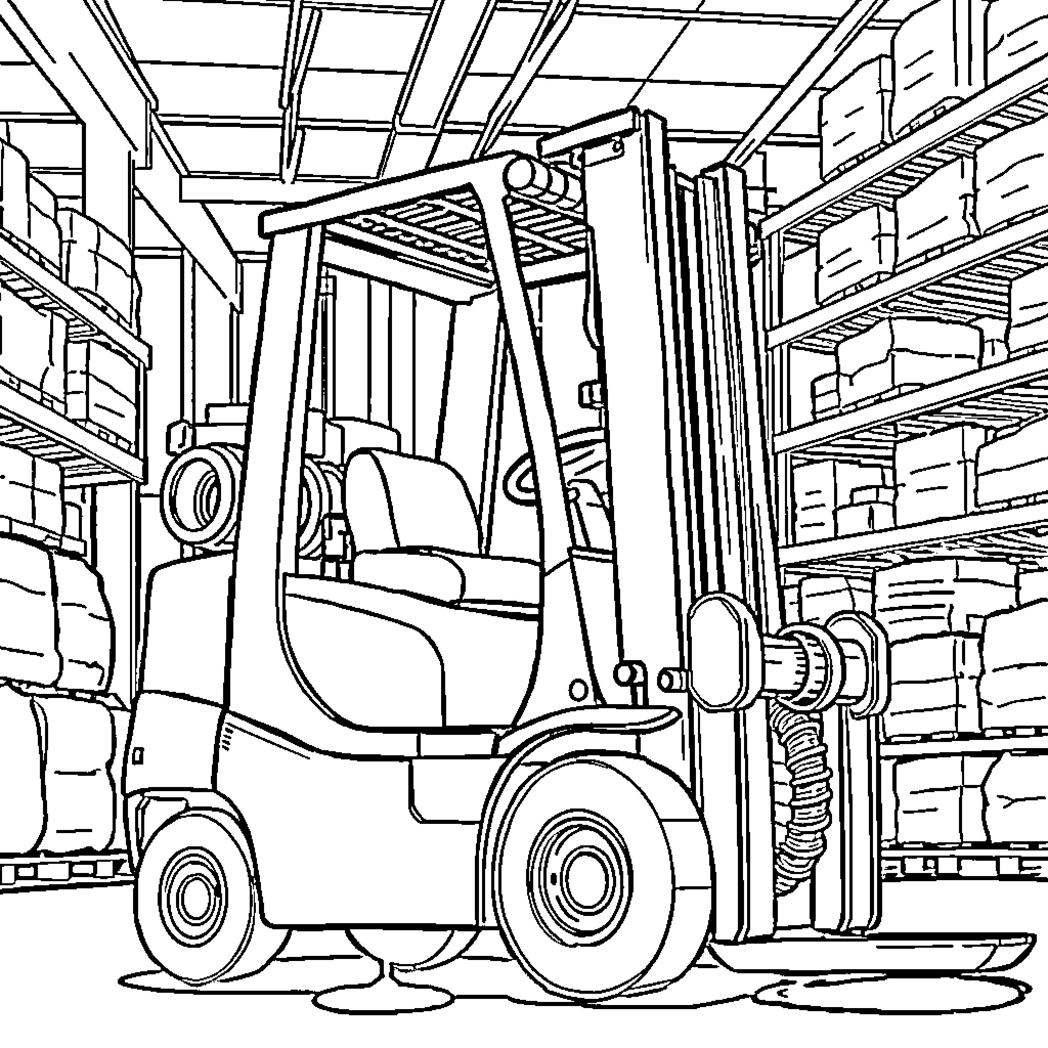Forklift operating in a warehouse full of shelves Coloring Page (free black-and-white line drawing printable PDF for all, from beginners to advanced learners, including children, teens, adults, and seniors)