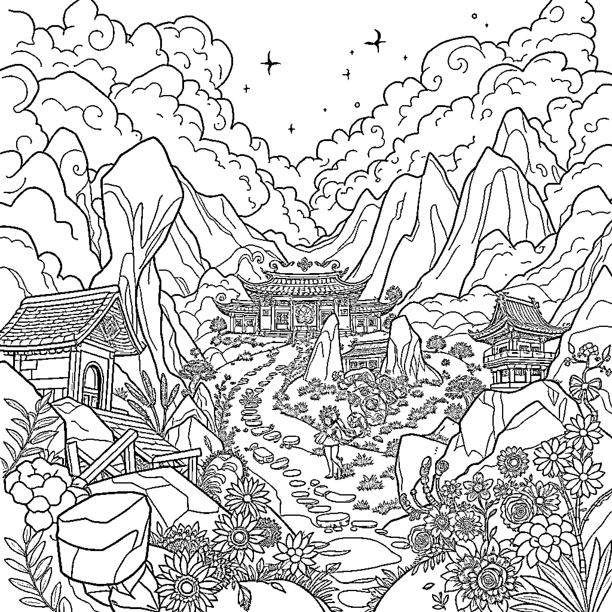 Genshin Scenic Landscape with Traditional Architecture Coloring Page (free black-and-white line drawing printable PDF for all, from beginners to advanced learners, including children, teens, adults, and seniors)