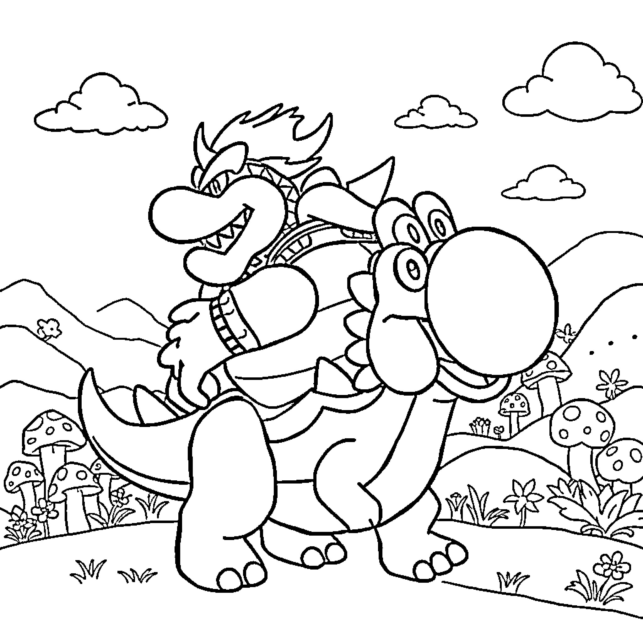 Bowser and Yoshi in a Whimsical Landscape Coloring Page (free black-and-white line drawing printable PDF for all, from beginners to advanced learners, including children, teens, adults, and seniors)