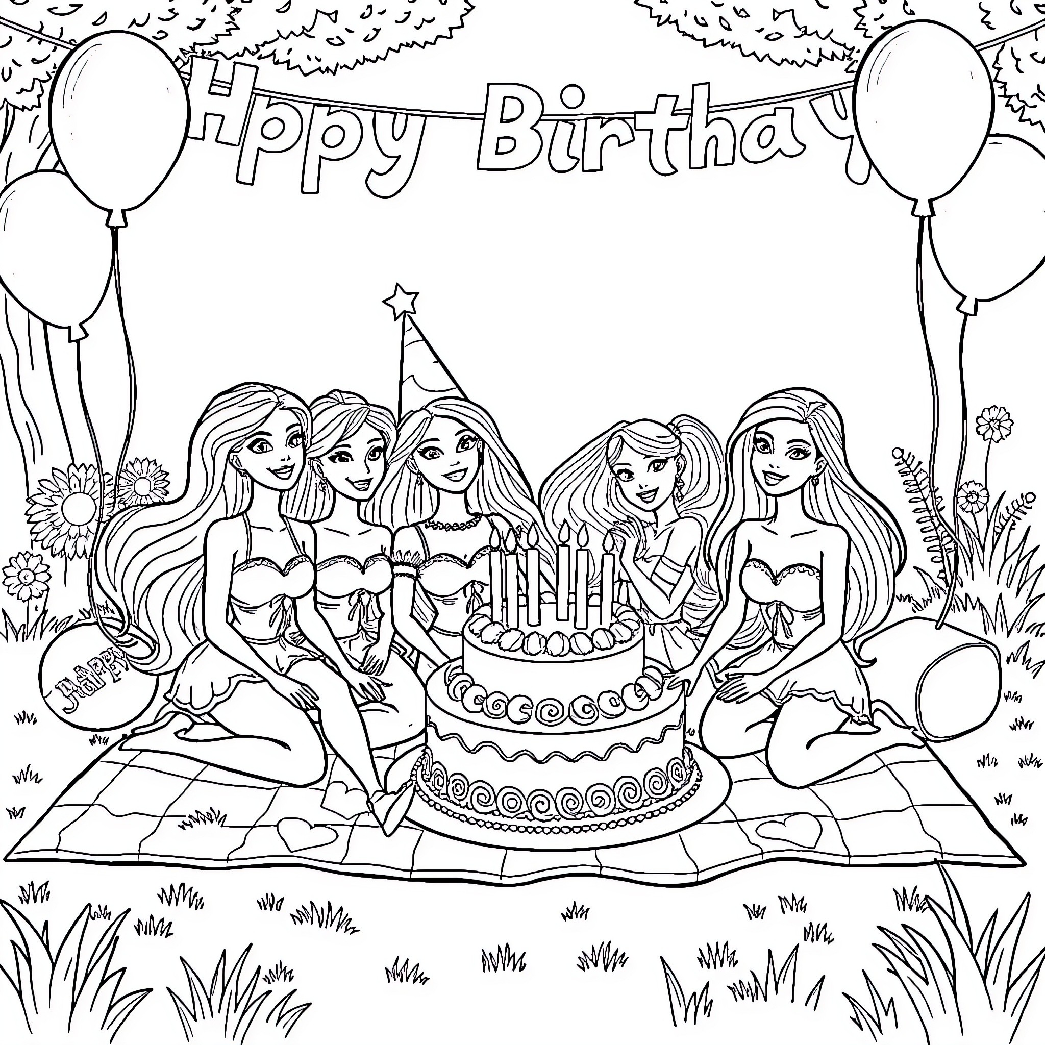 Barbie Friends Celebrating Happy Birthday Coloring Page (free black-and-white line drawing printable PDF for all, from beginners to advanced learners, including children, teens, adults, and seniors)