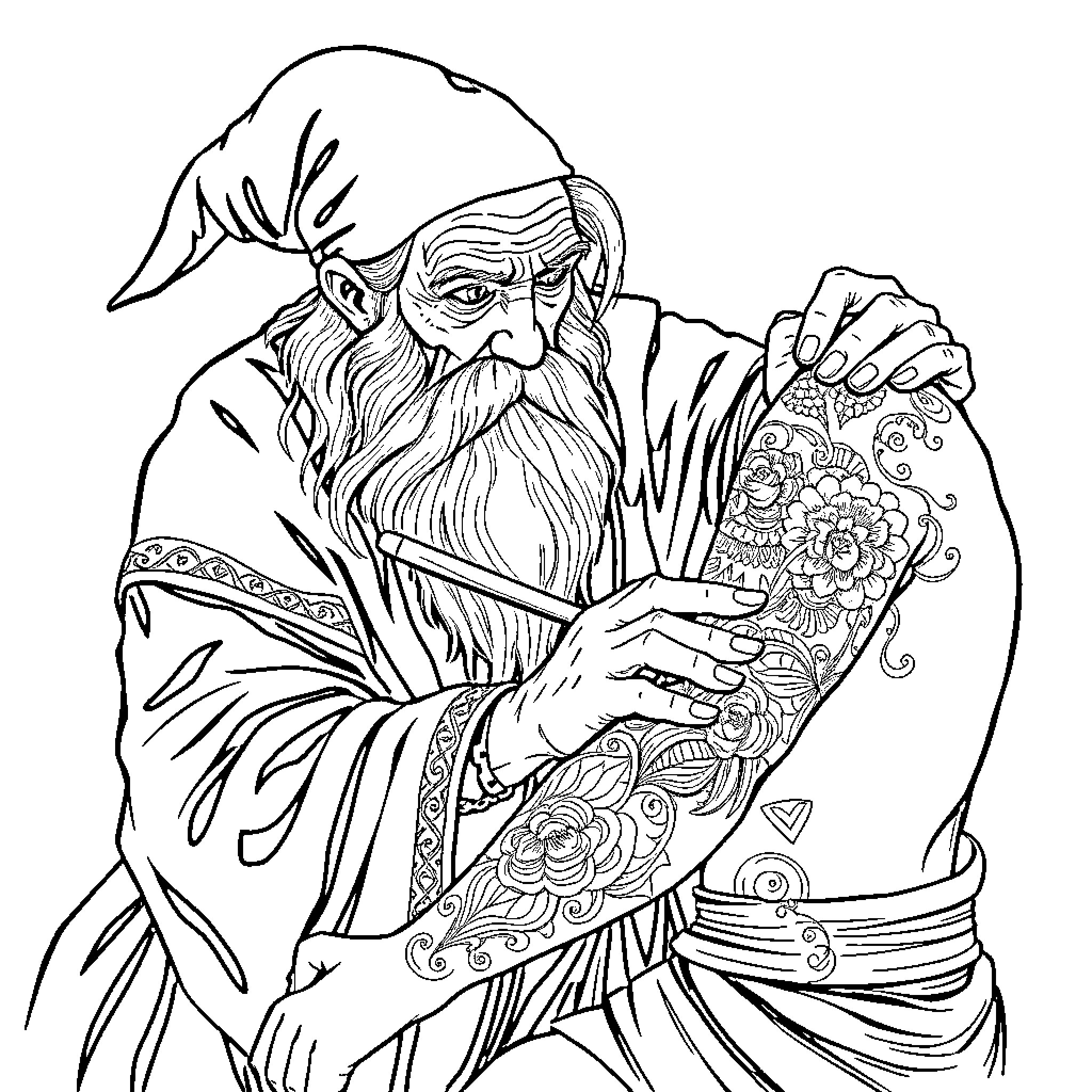 Wizard Painting Intricate Floral Design Coloring Page (free black-and-white line drawing printable PDF for all, from beginners to advanced learners, including children, teens, adults, and seniors)