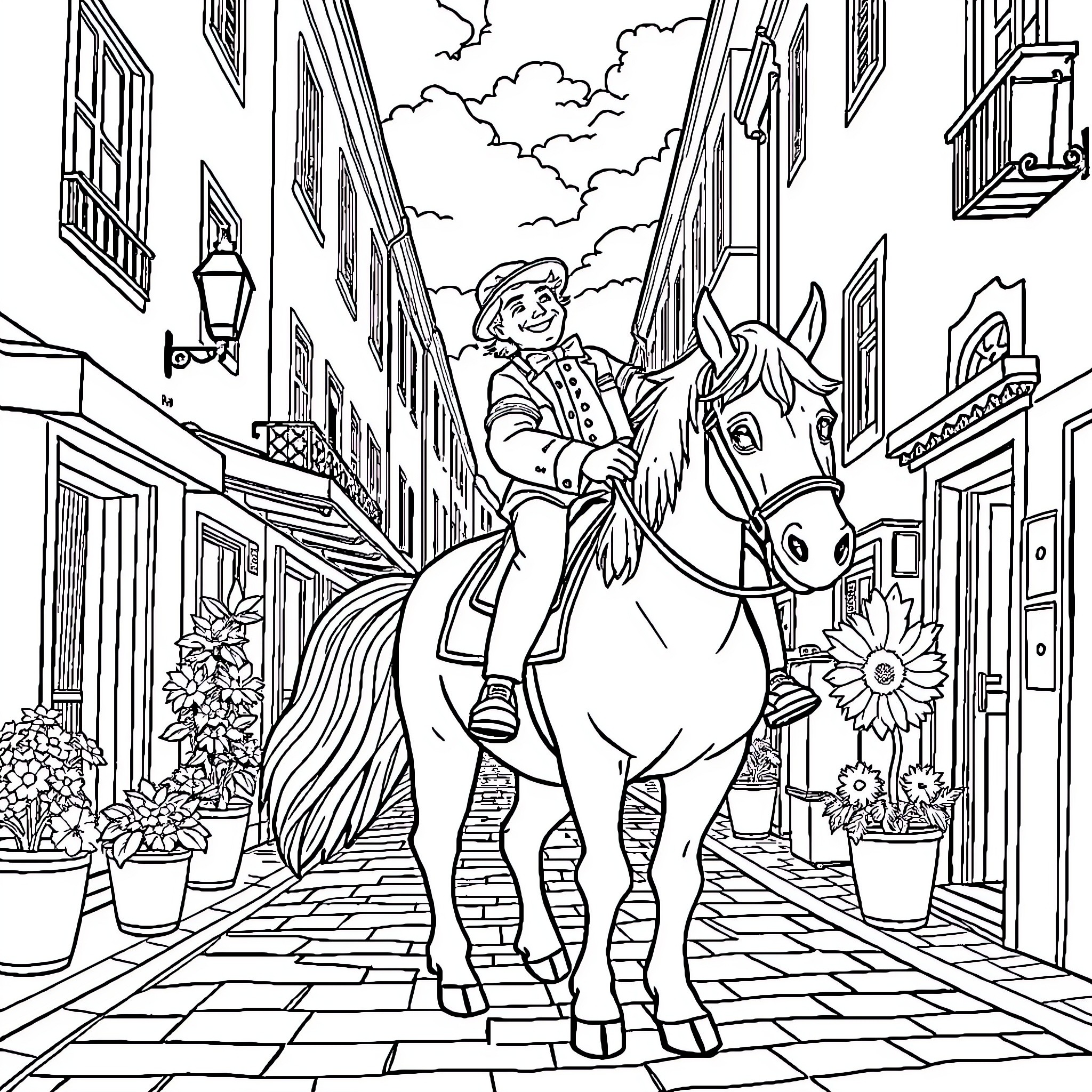 Barman riding horse on cobblestone street Coloring Page (free black-and-white line drawing printable PDF for all, from beginners to advanced learners, including children, teens, adults, and seniors)