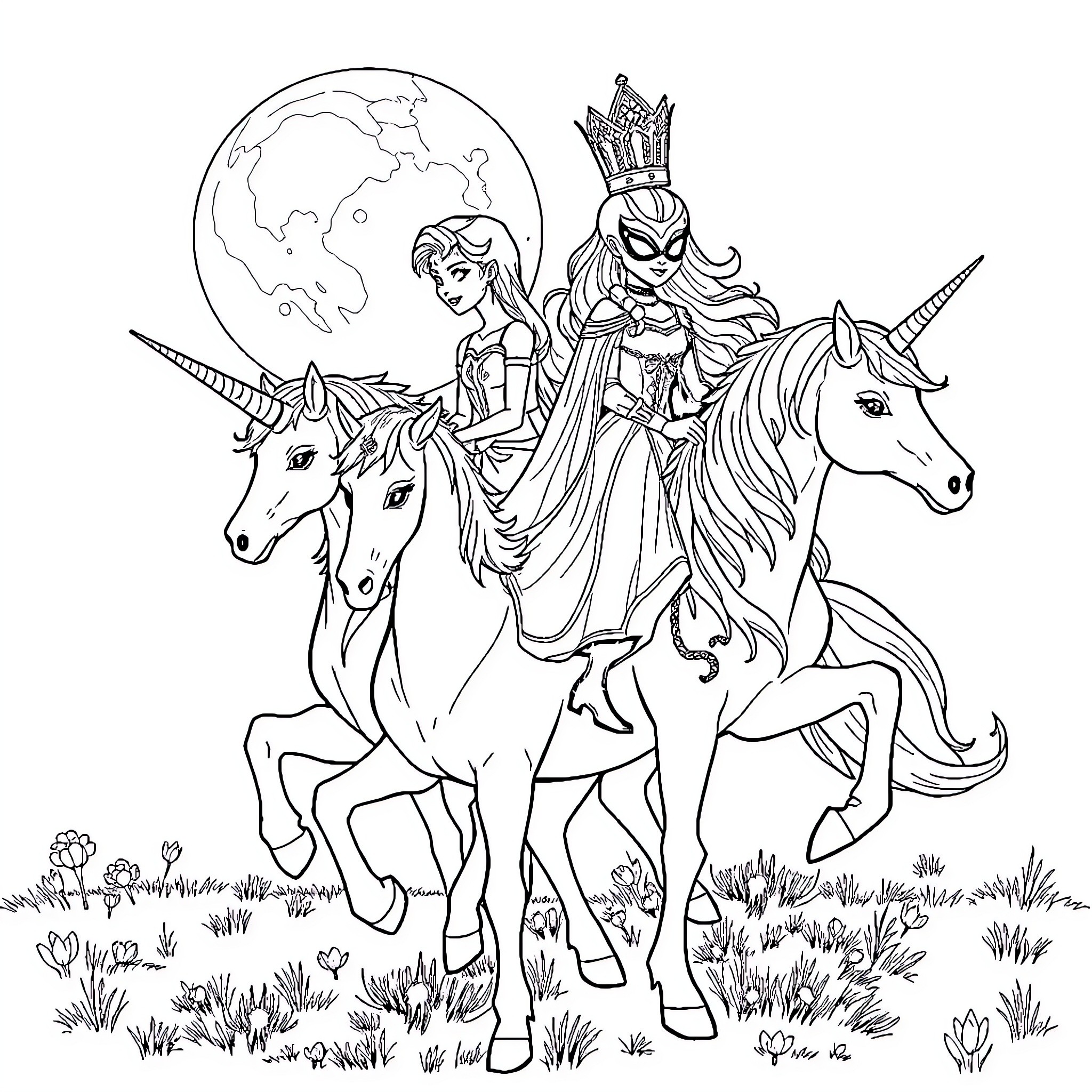 Spidy and the Mythical Unicorn Riders Coloring Page (free black-and-white line drawing printable PDF for all, from beginners to advanced learners, including children, teens, adults, and seniors)