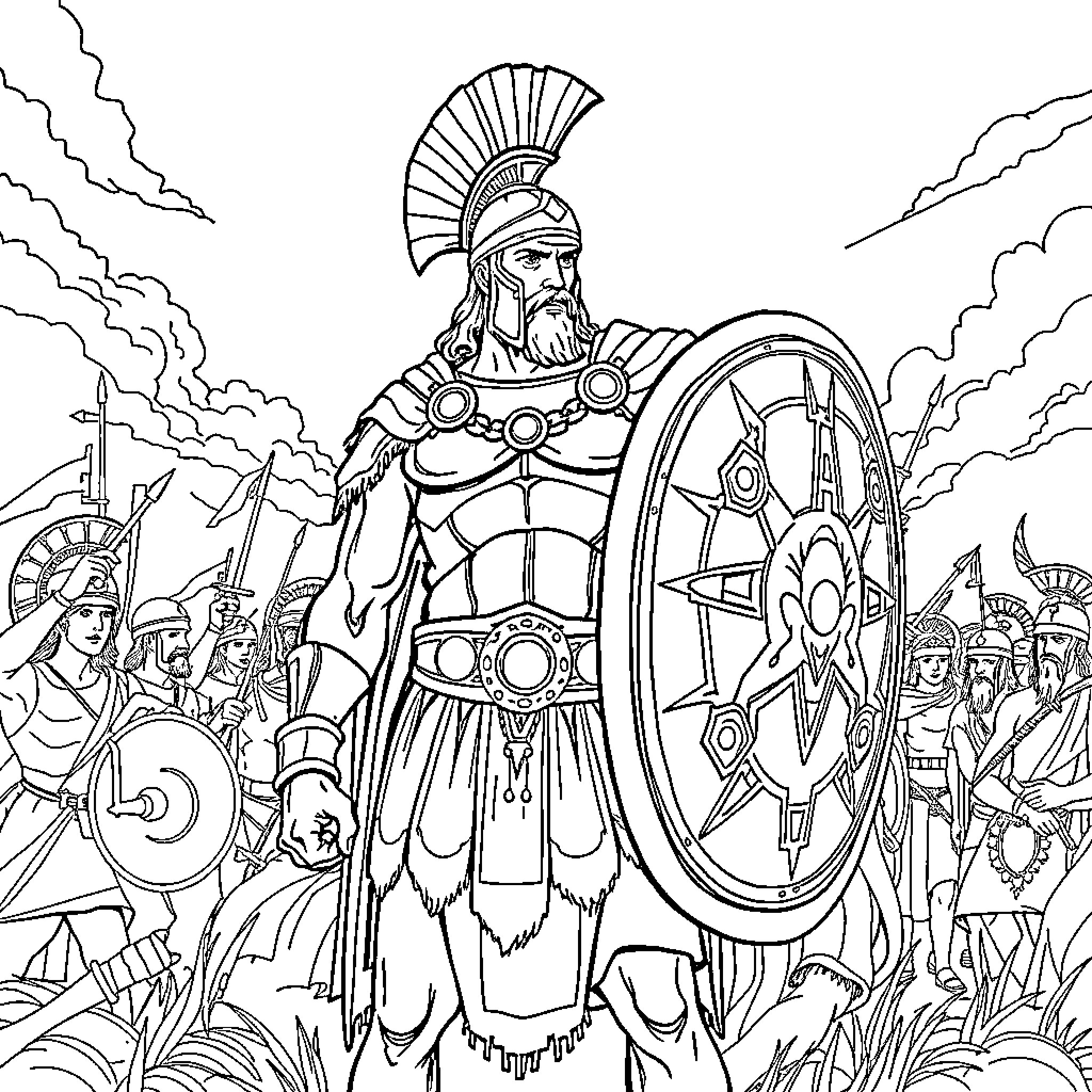 Achilles leading his army into battle Coloring Page (free black-and-white line drawing printable PDF for all, from beginners to advanced learners, including children, teens, adults, and seniors)