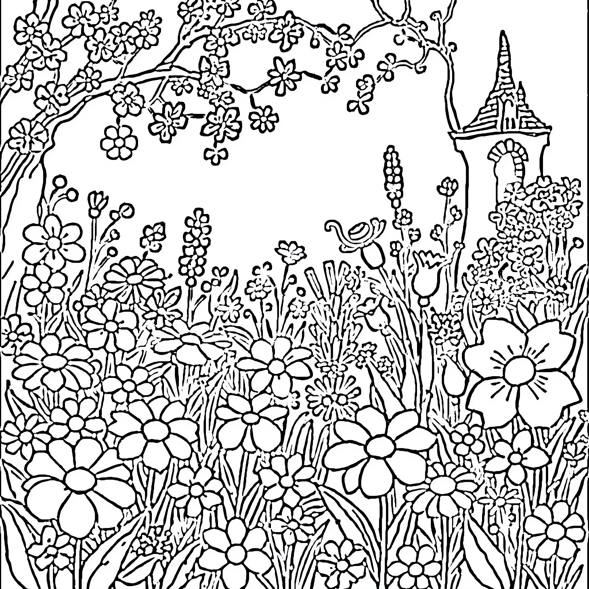 Flower Garden with Whimsical Elements Coloring Page (free black-and-white line drawing printable PDF for all, from beginners to advanced learners, including children, teens, adults, and seniors)