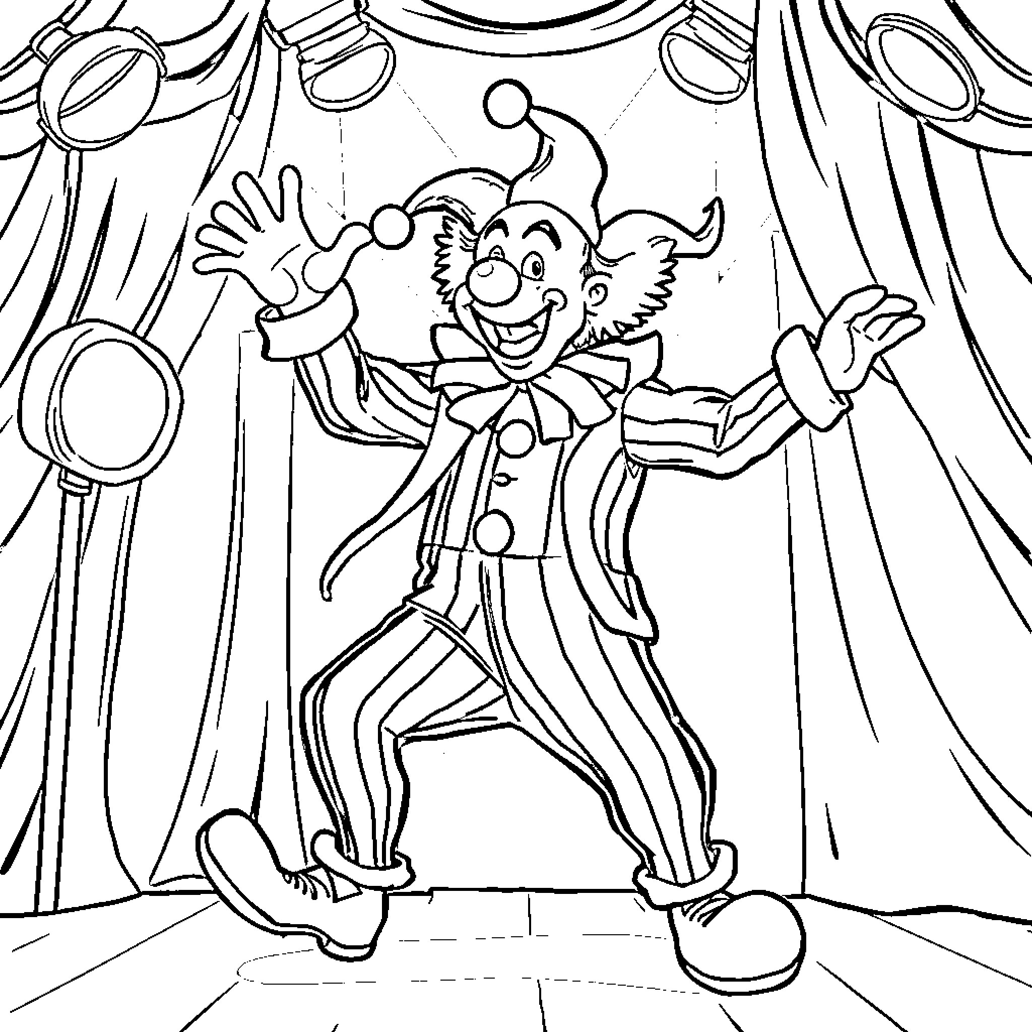 Art The Clown Performing Animated Tricks on Stage Coloring Page (free black-and-white line drawing printable PDF for all, from beginners to advanced learners, including children, teens, adults, and seniors)