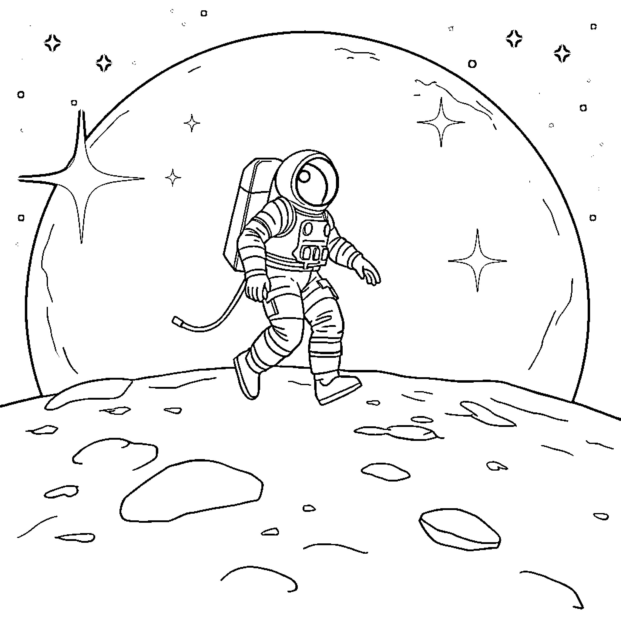 Astronaut exploring the lunar surface Coloring Page (free black-and-white line drawing printable PDF for all, from beginners to advanced learners, including children, teens, adults, and seniors)