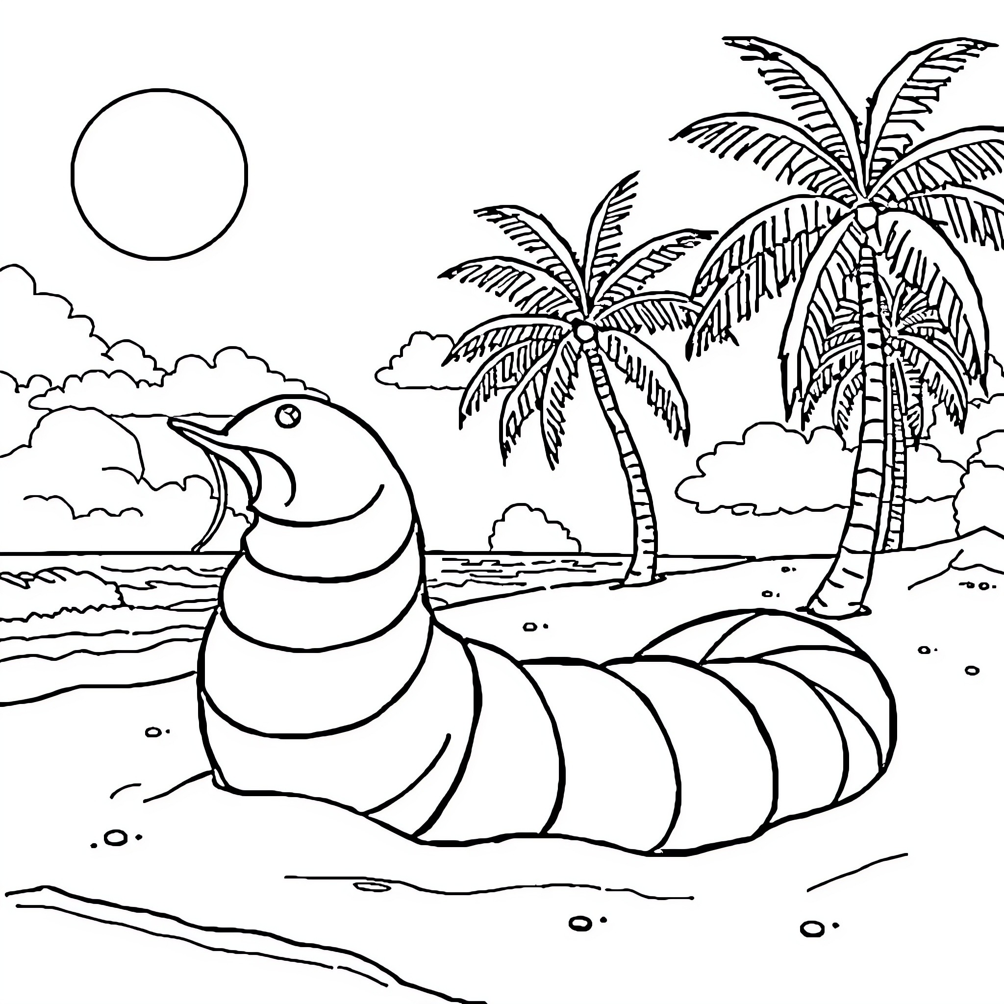 Sandworm exploring tropical beach paradise Coloring Page (free black-and-white line drawing printable PDF for all, from beginners to advanced learners, including children, teens, adults, and seniors)
