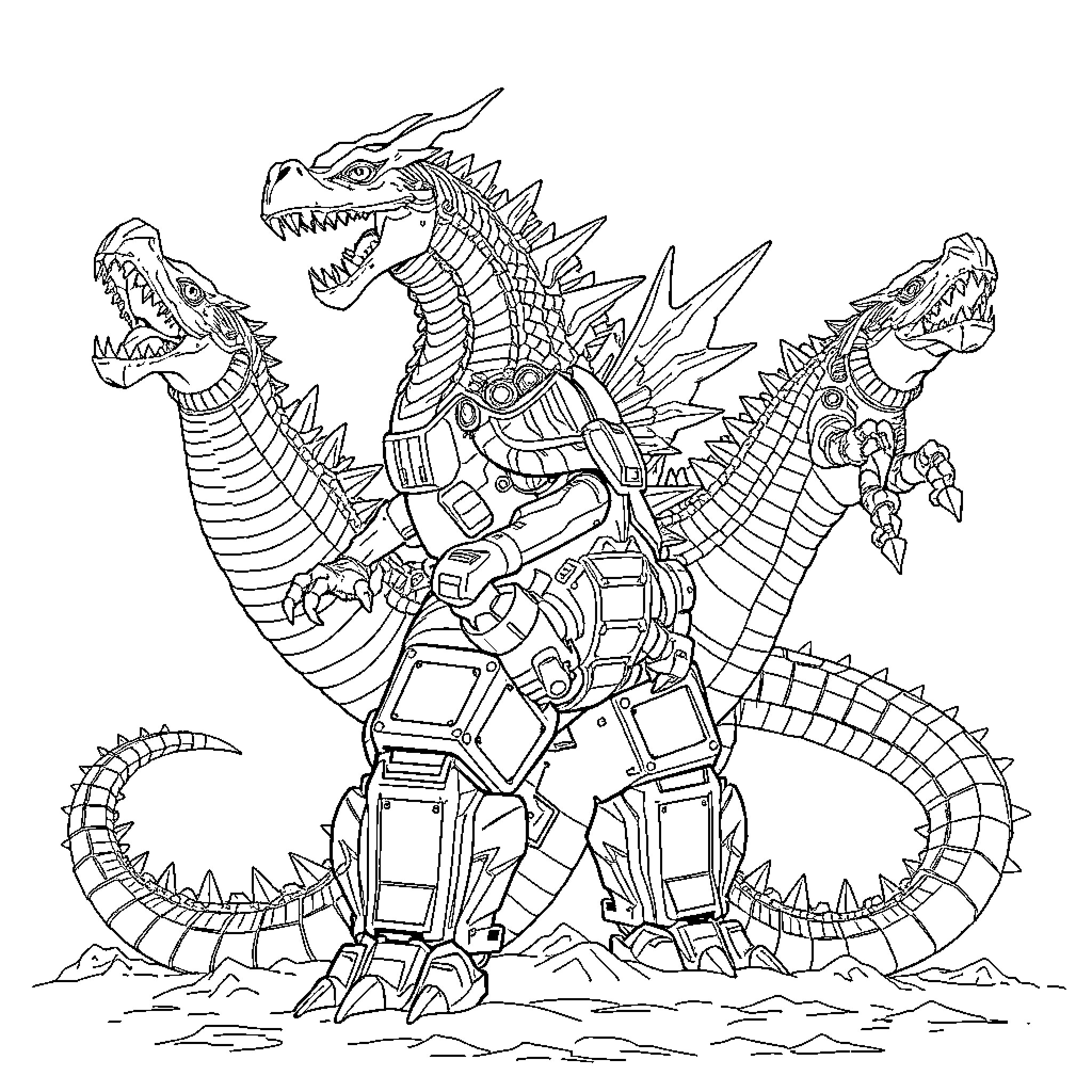 Godzilla-inspired mechanical creature with ferocious expression Coloring Page (free black-and-white line drawing printable PDF for all, from beginners to advanced learners, including children, teens, adults, and seniors)