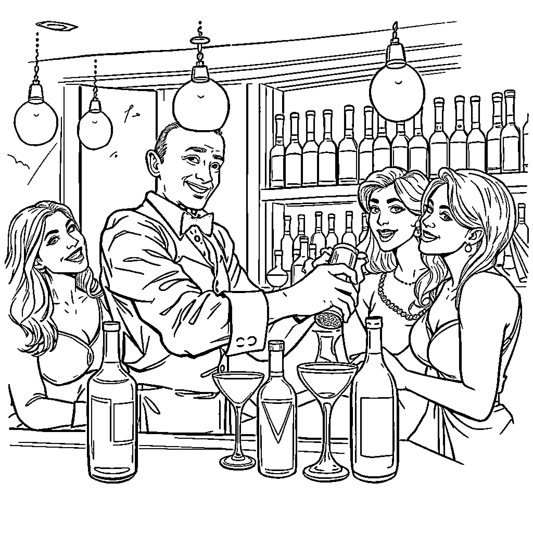 Bartender serving drinks to friends at the bar Coloring Page (free black-and-white line drawing printable PDF for all, from beginners to advanced learners, including children, teens, adults, and seniors)