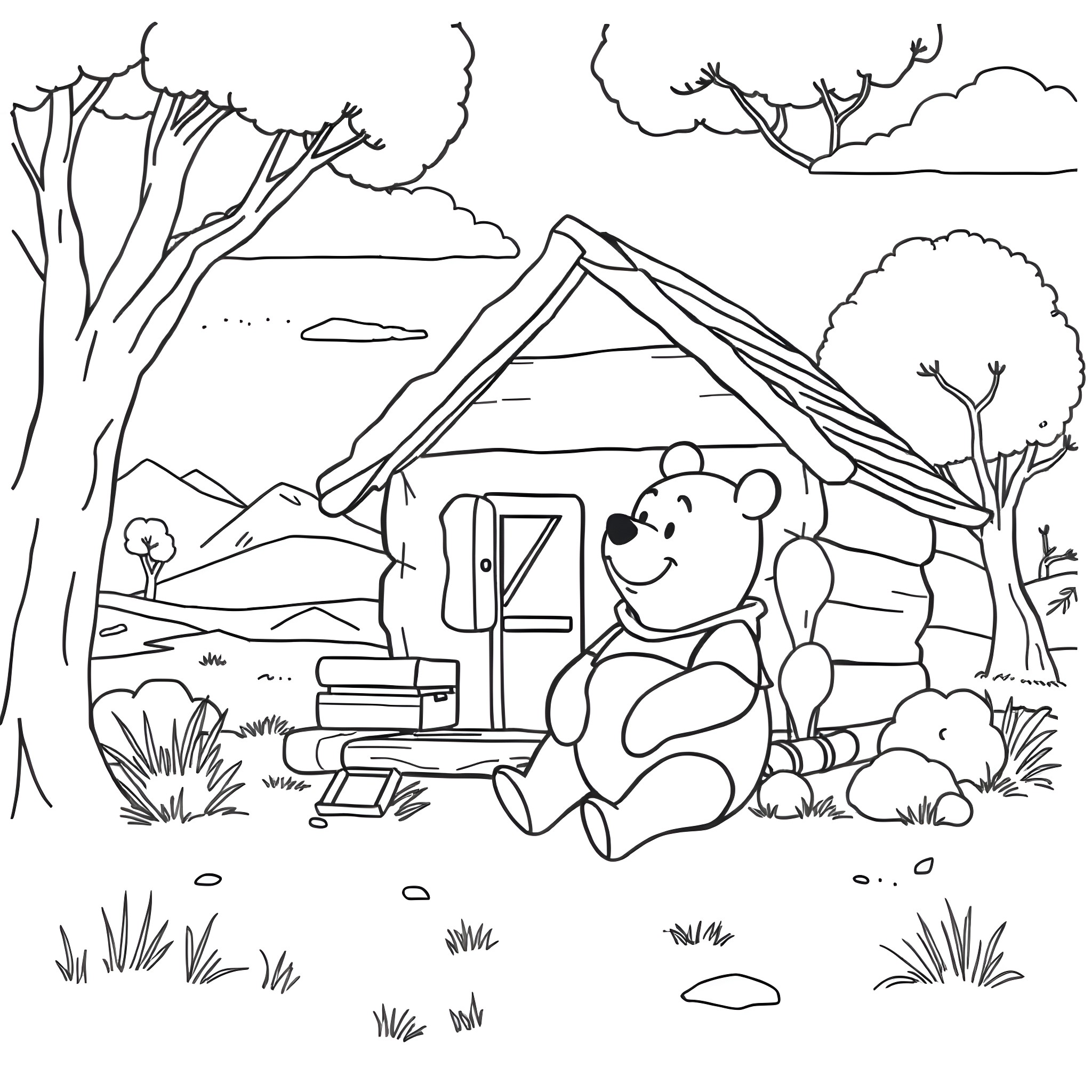 Winnie The Pooh enjoying a cozy day in the forest Coloring Page (free black-and-white line drawing printable PDF for all, from beginners to advanced learners, including children, teens, adults, and seniors)