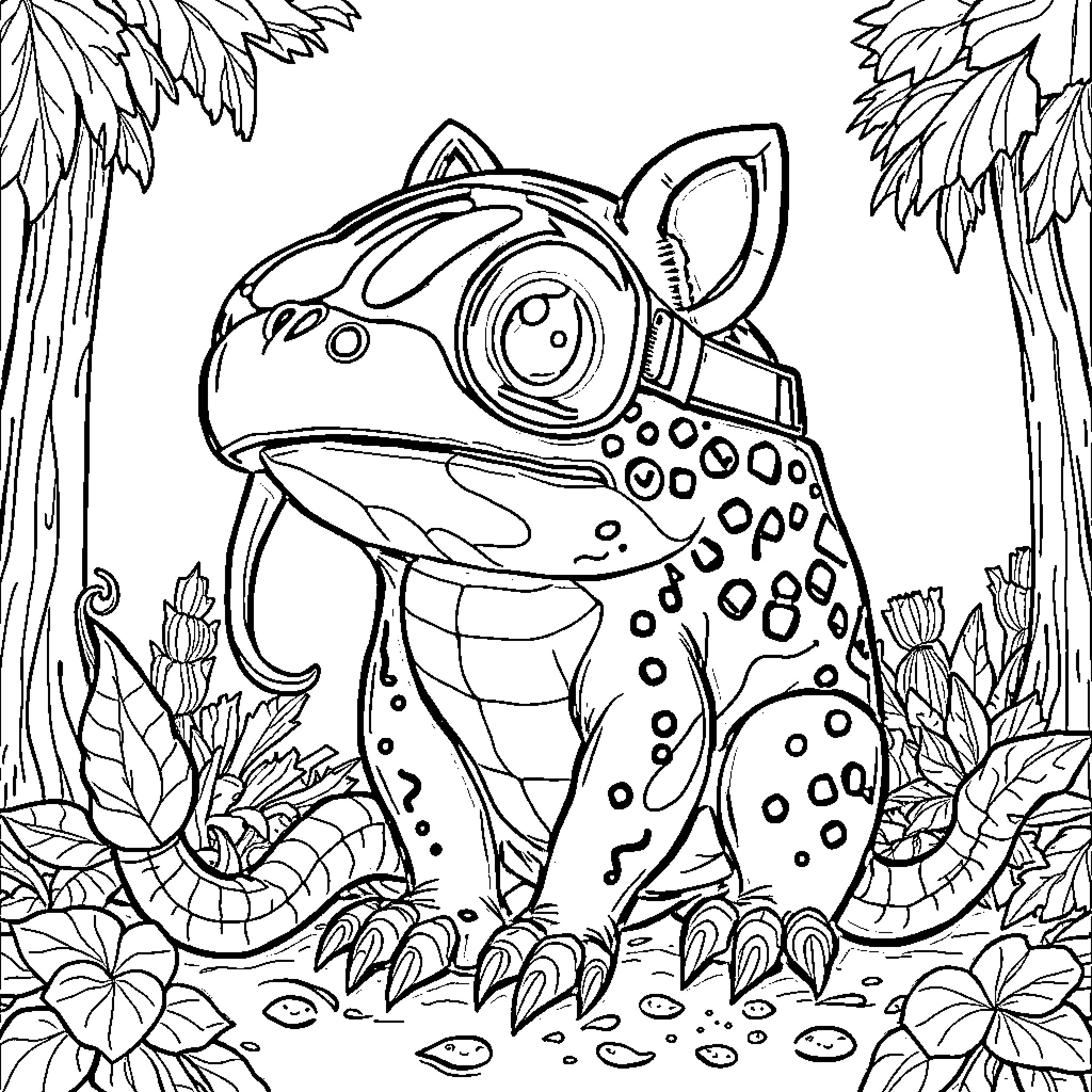 Orcalerito chasing butterflies in tropical forest Coloring Page (free black-and-white line drawing printable PDF for all, from beginners to advanced learners, including children, teens, adults, and seniors)