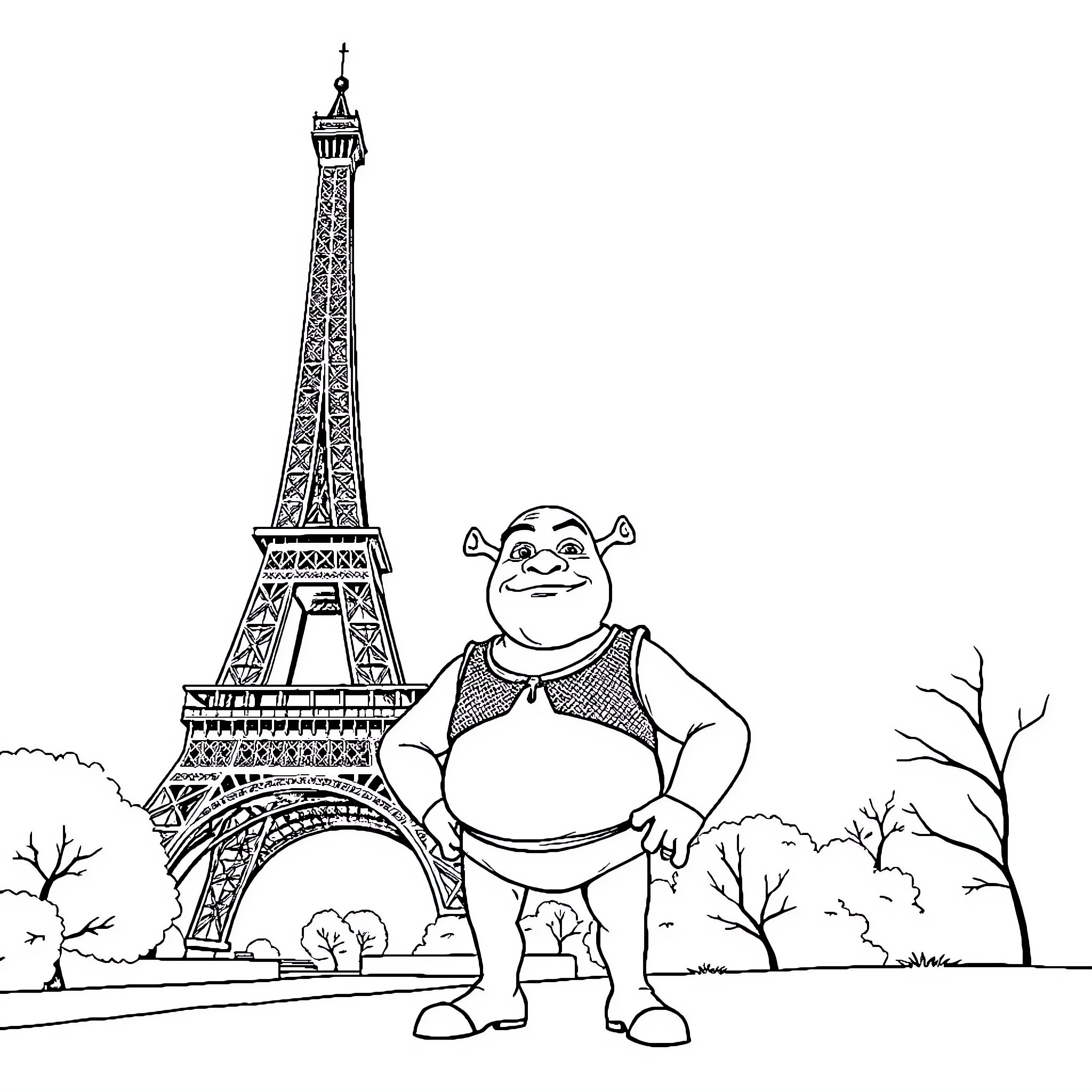 Shrek's Parisian Adventure with the Eiffel Tower Coloring Page (free black-and-white line drawing printable PDF for all, from beginners to advanced learners, including children, teens, adults, and seniors)