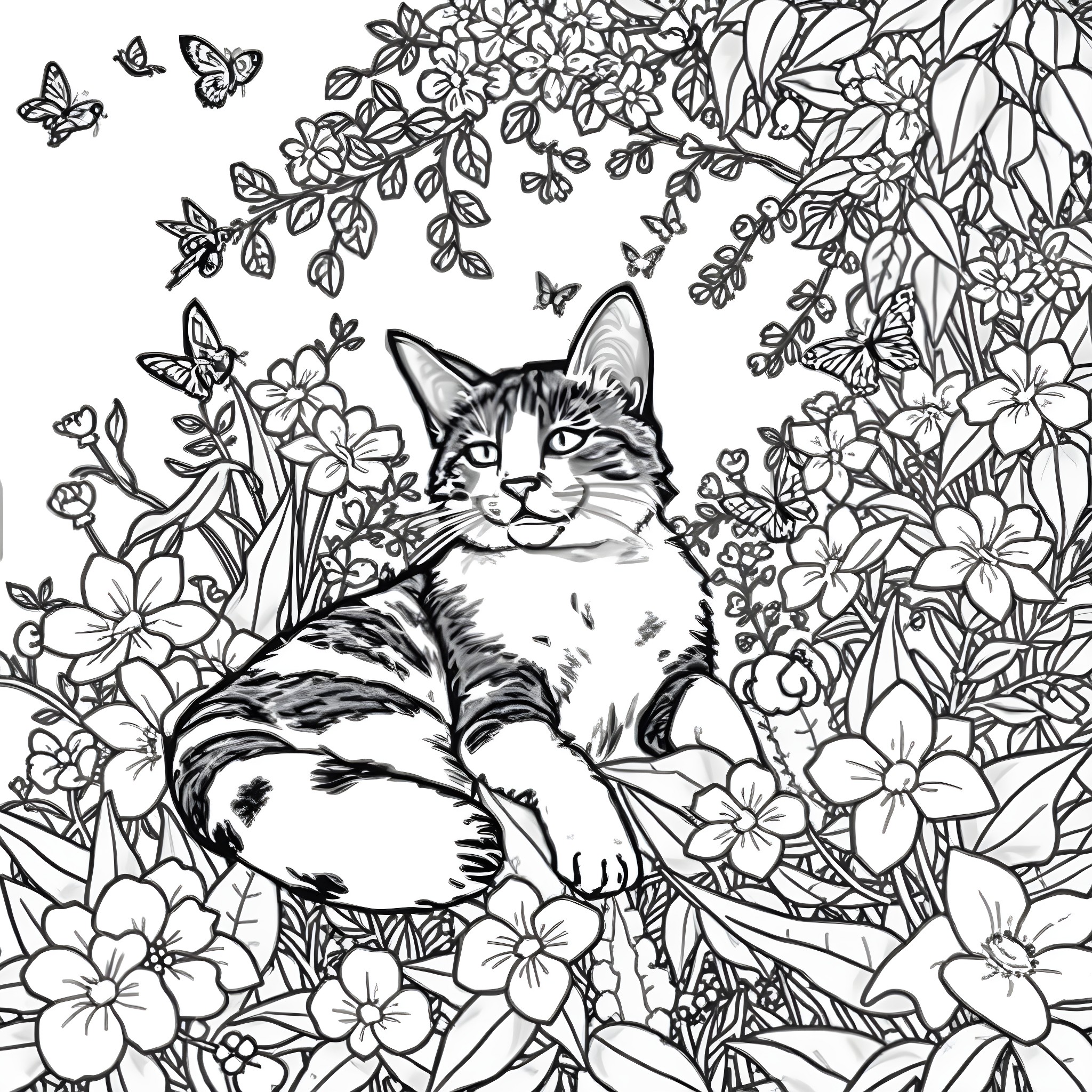 Calico Cat in Floral Garden Coloring Page (free black-and-white line drawing printable PDF for all, from beginners to advanced learners, including children, teens, adults, and seniors)