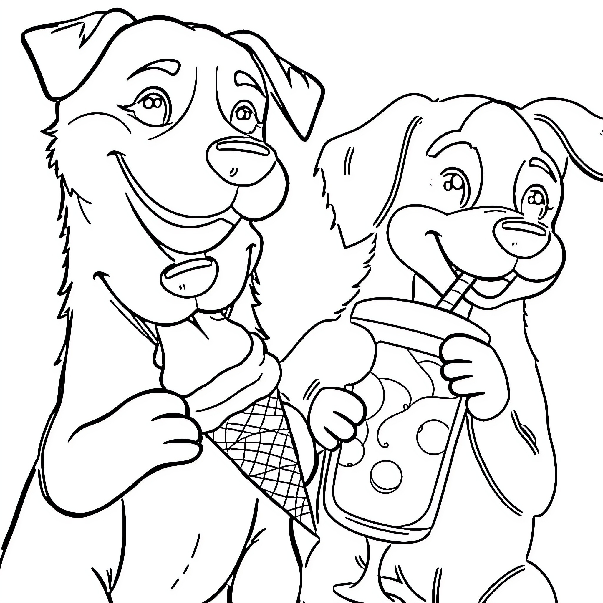 Dog friends enjoying ice cream together Coloring Page (free black-and-white line drawing printable PDF for all, from beginners to advanced learners, including children, teens, adults, and seniors)