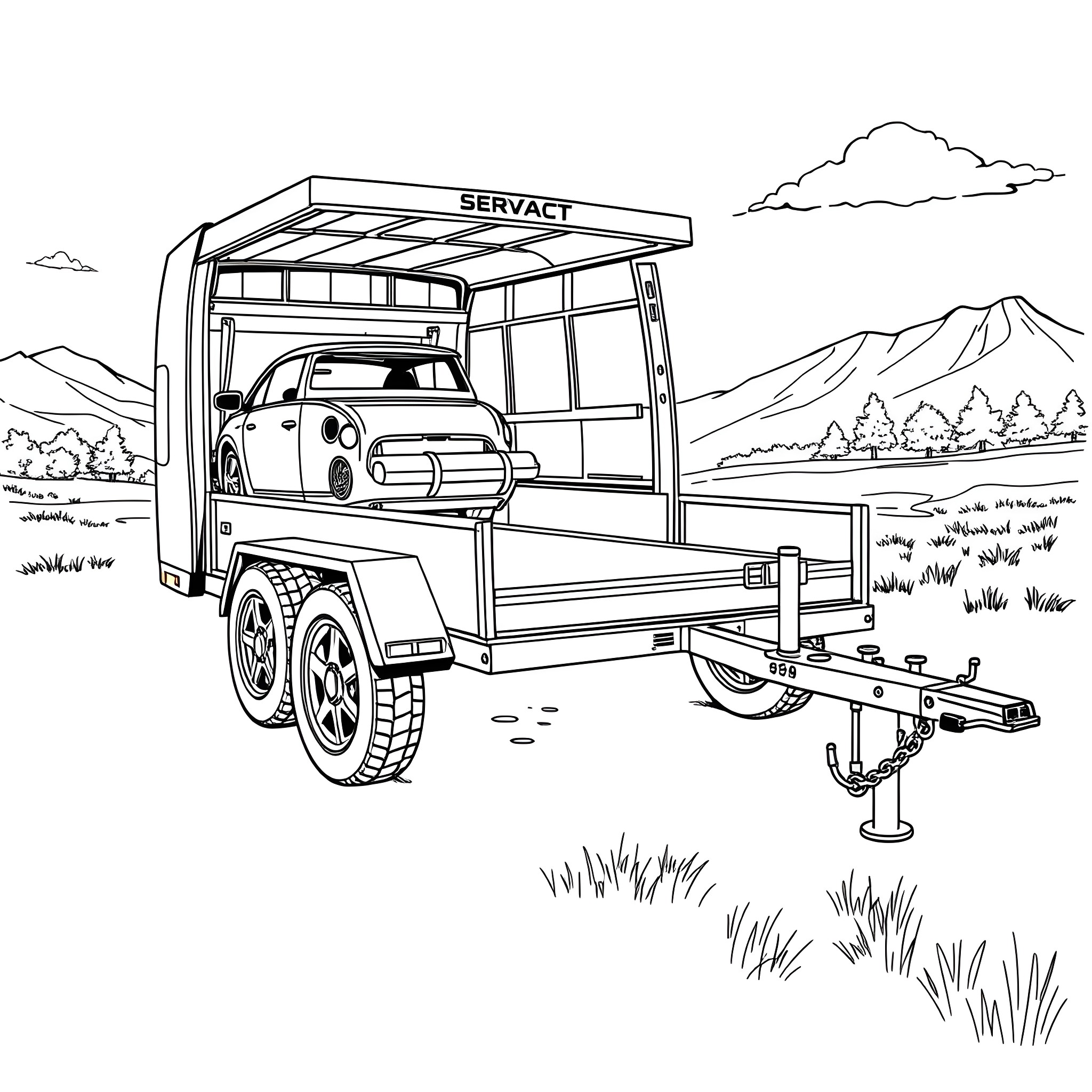 Car Trailer Transporting Vehicle in Mountain Landscape Coloring Page (free black-and-white line drawing printable PDF for all, from beginners to advanced learners, including children, teens, adults, and seniors)
