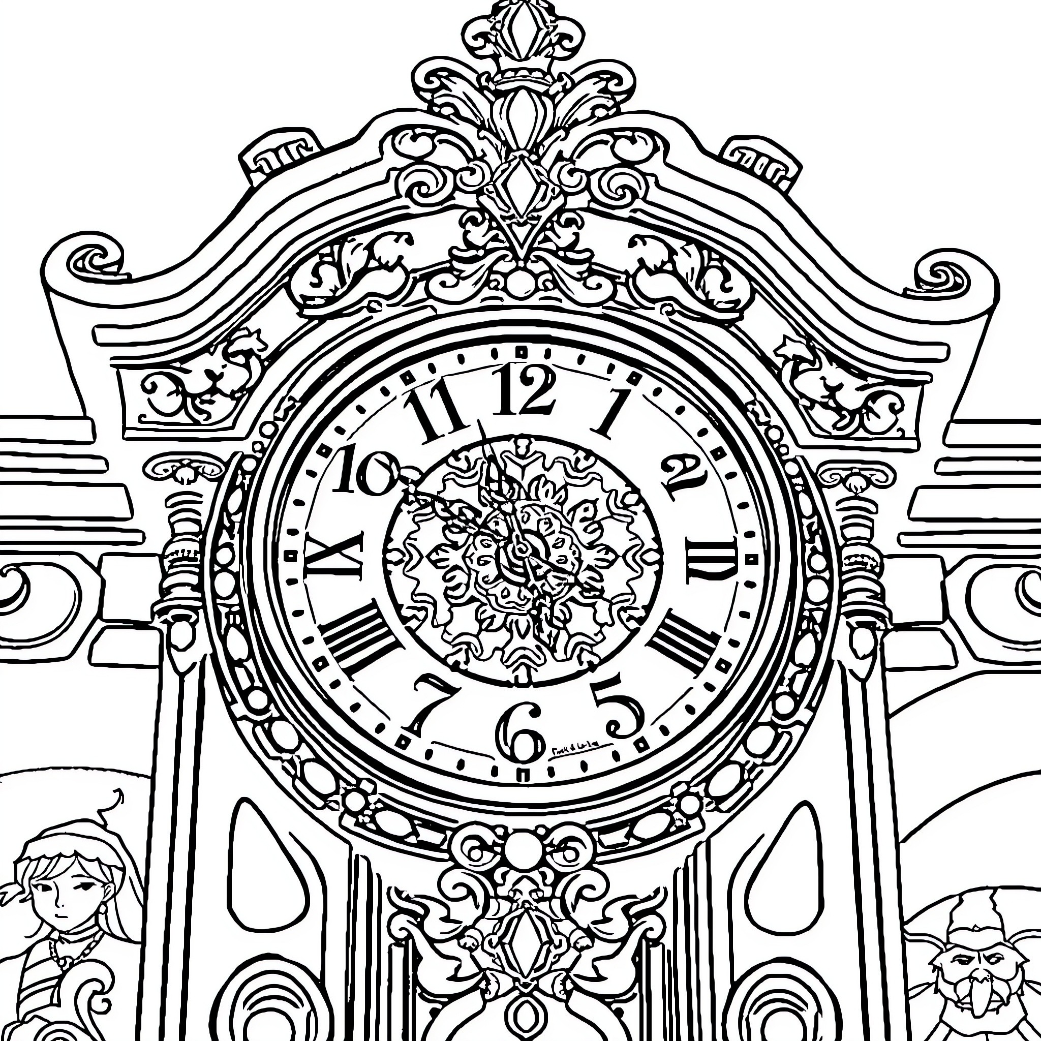 Reloj: Ornate Antique Clock with Intricate Details Coloring Page (free black-and-white line drawing printable PDF for all, from beginners to advanced learners, including children, teens, adults, and seniors)