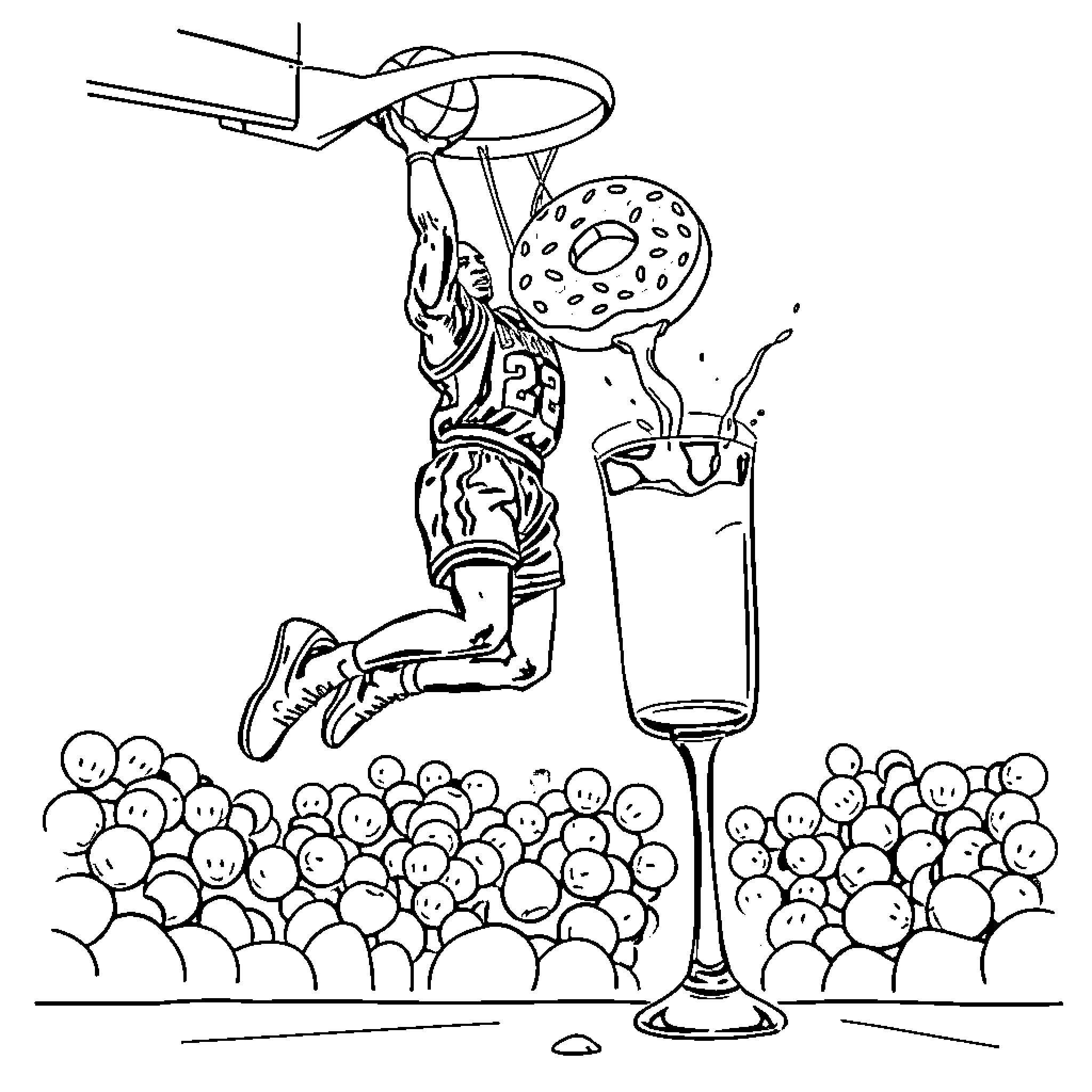 Michael Jordan makes a slam dunk in an unusual setting Coloring Page (free black-and-white line drawing printable PDF for all, from beginners to advanced learners, including children, teens, adults, and seniors)